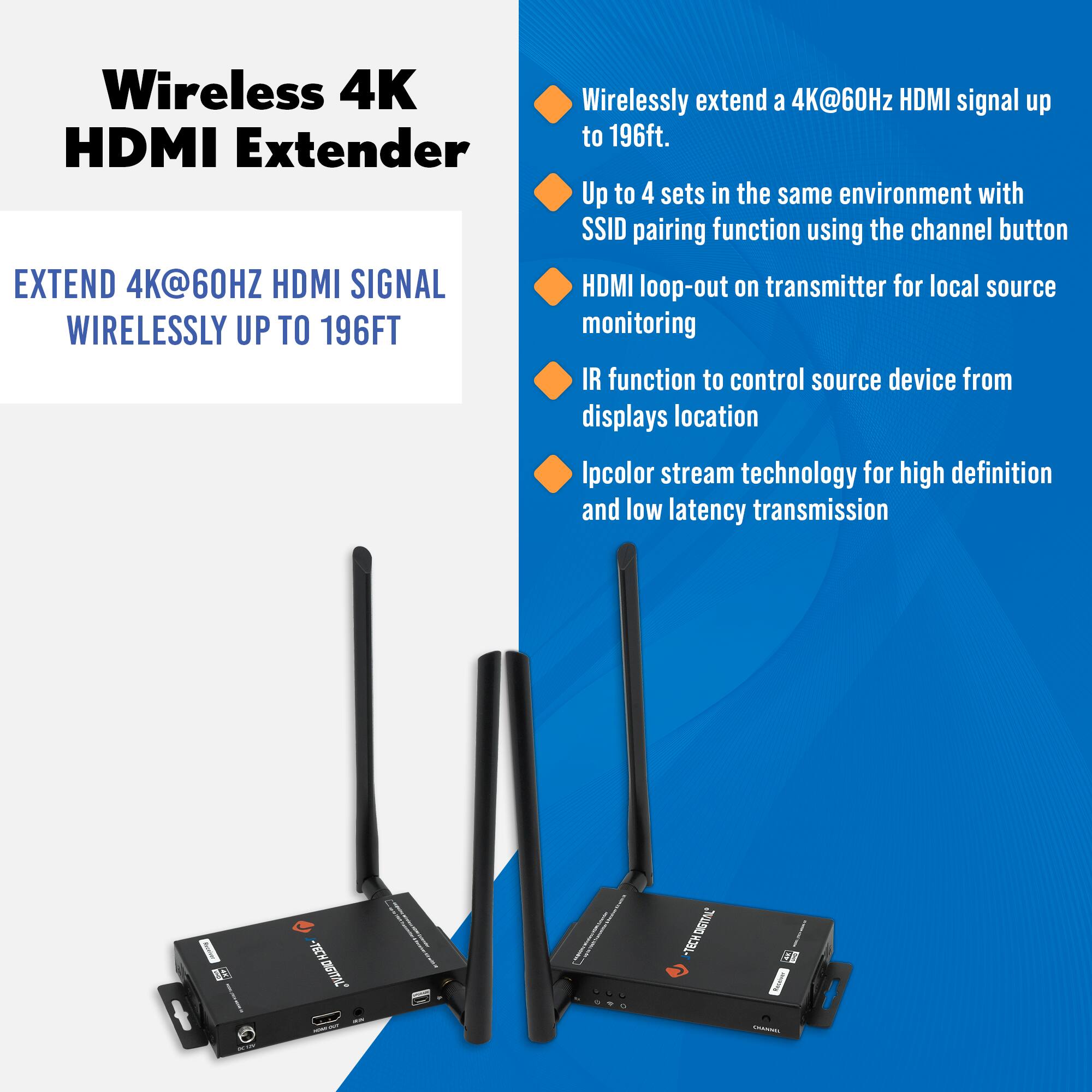 Wireless 4K HDMI Extender

EXTEND 4K@60HZ HDMI SIGNAL WIRELESSLY UP TO 196FT

- Wirelessly extend a 4K@60Hz HDMI signal up to 196ft.
- Up to 4 sets in the same environment with SSID pairing function using the channel button.
- HDMI loop-out on transmitter for local source monitoring.
- IR function to control source device from displays location.
- Ipcolor stream technology for high definition and low latency transmission.