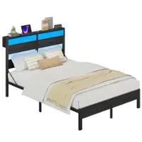 Bestier - Queen Platform Bed Frame with Storage Headboard, LED Lighting, and USB Charging Station. - Black - Front_Zoom