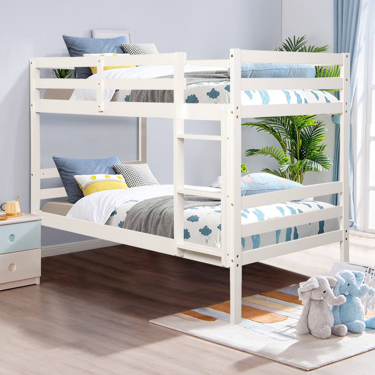 Alt View 3. Costway - Costway Twin Over Twin Wood Bunk Beds Ladder Safety Rail - White.