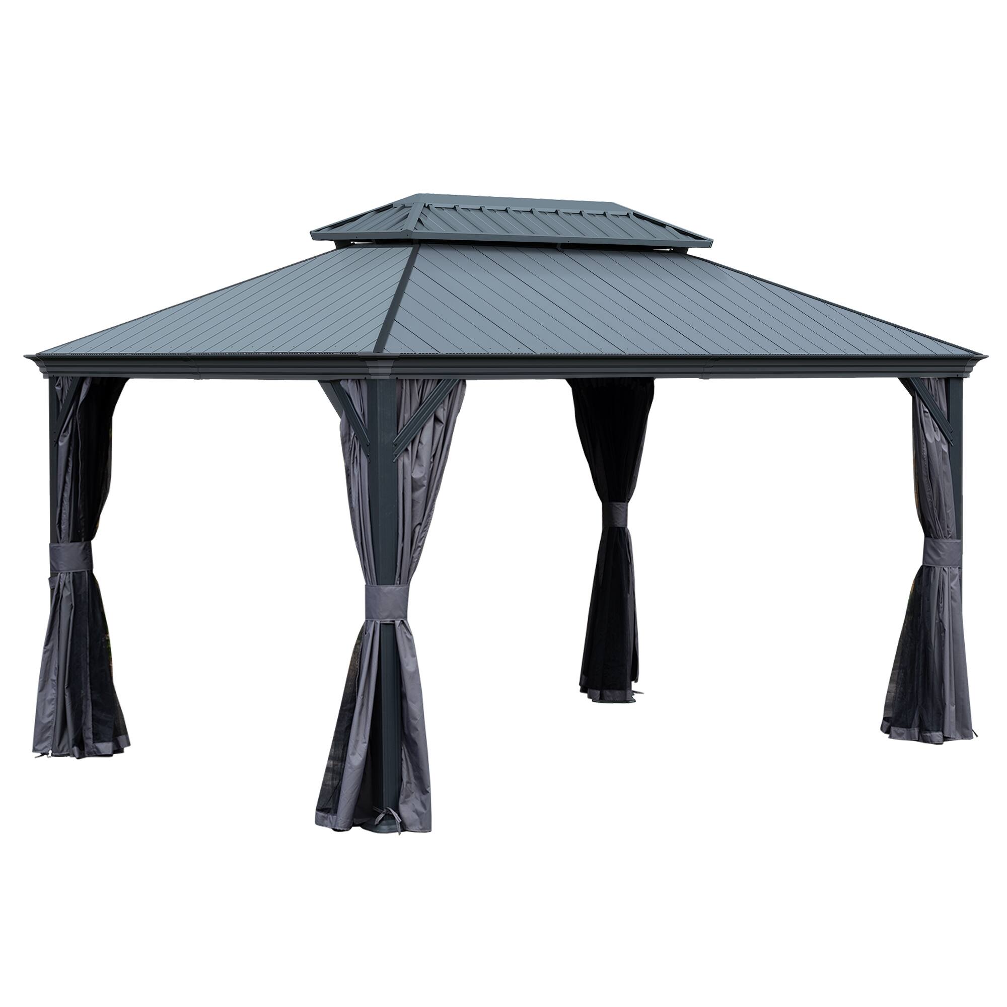 Angle. Mondawe - 10x14 Metal Gazebo With Resin Roof ,Curtains and Mosquito Netting Included - Dark Gray.