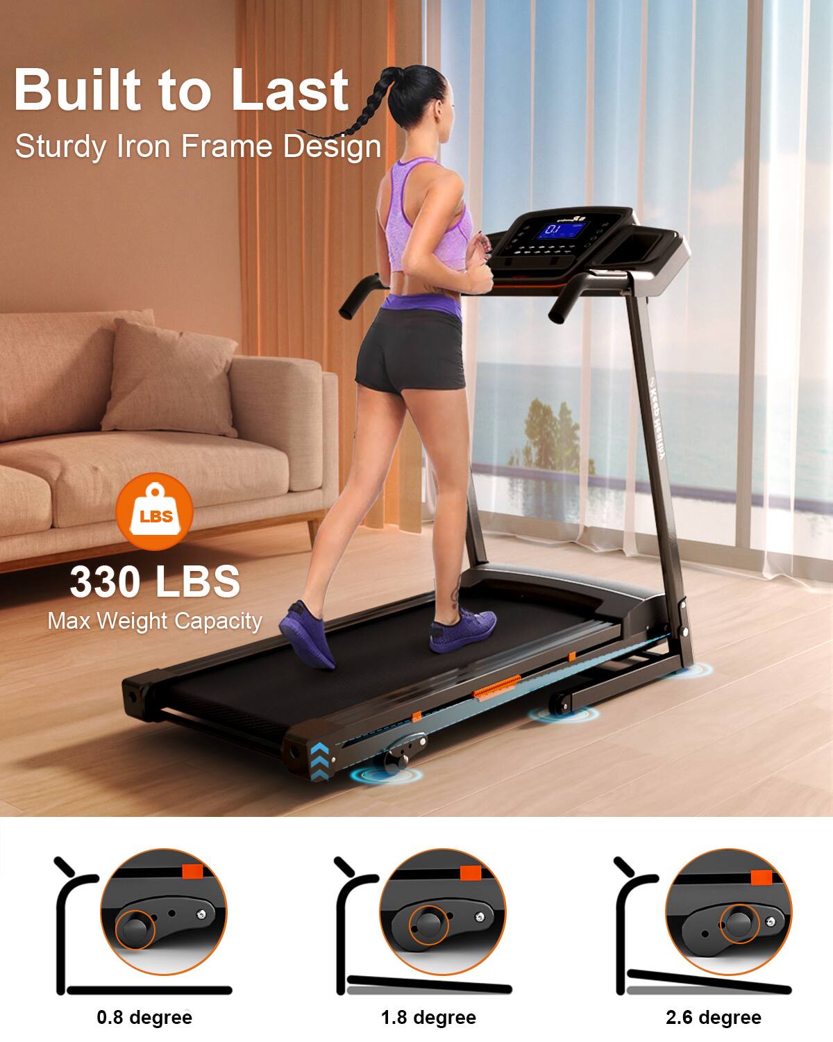 Built to Last  
Sturdy Iron Frame Design  

330 LBS  
Max Weight Capacity  

0.8 degree  
1.8 degree  
2.6 degree