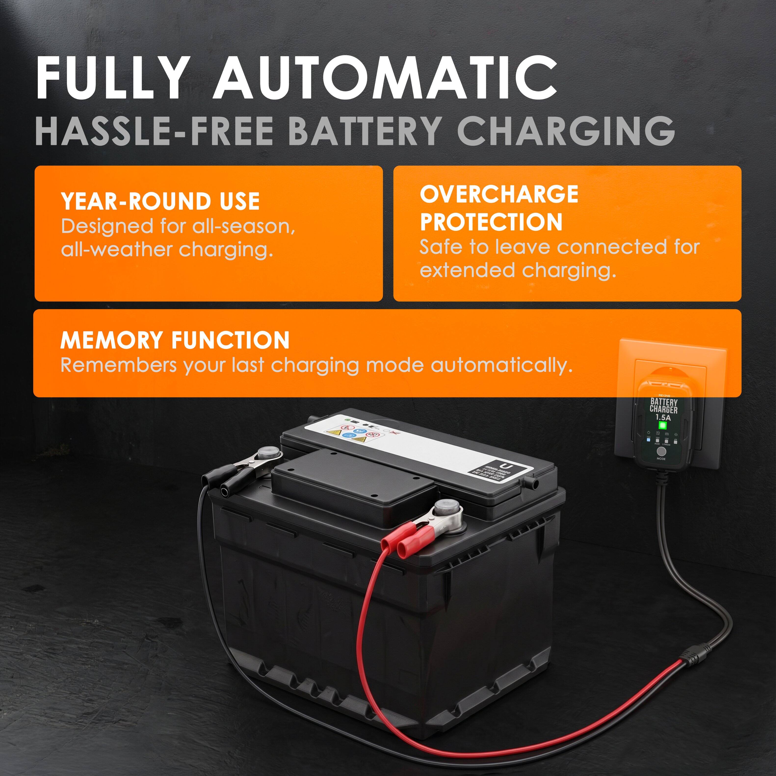 FULLY AUTOMATIC HASSLE-FREE BATTERY CHARGING

YEAR-ROUND USE
Designed for all-season, all-weather charging.

OVERCHARGE PROTECTION
Safe to leave connected for extended charging.

MEMORY FUNCTION
Remembers your last charging mode automatically.

- SA BATTERY CHARGER 1.5A