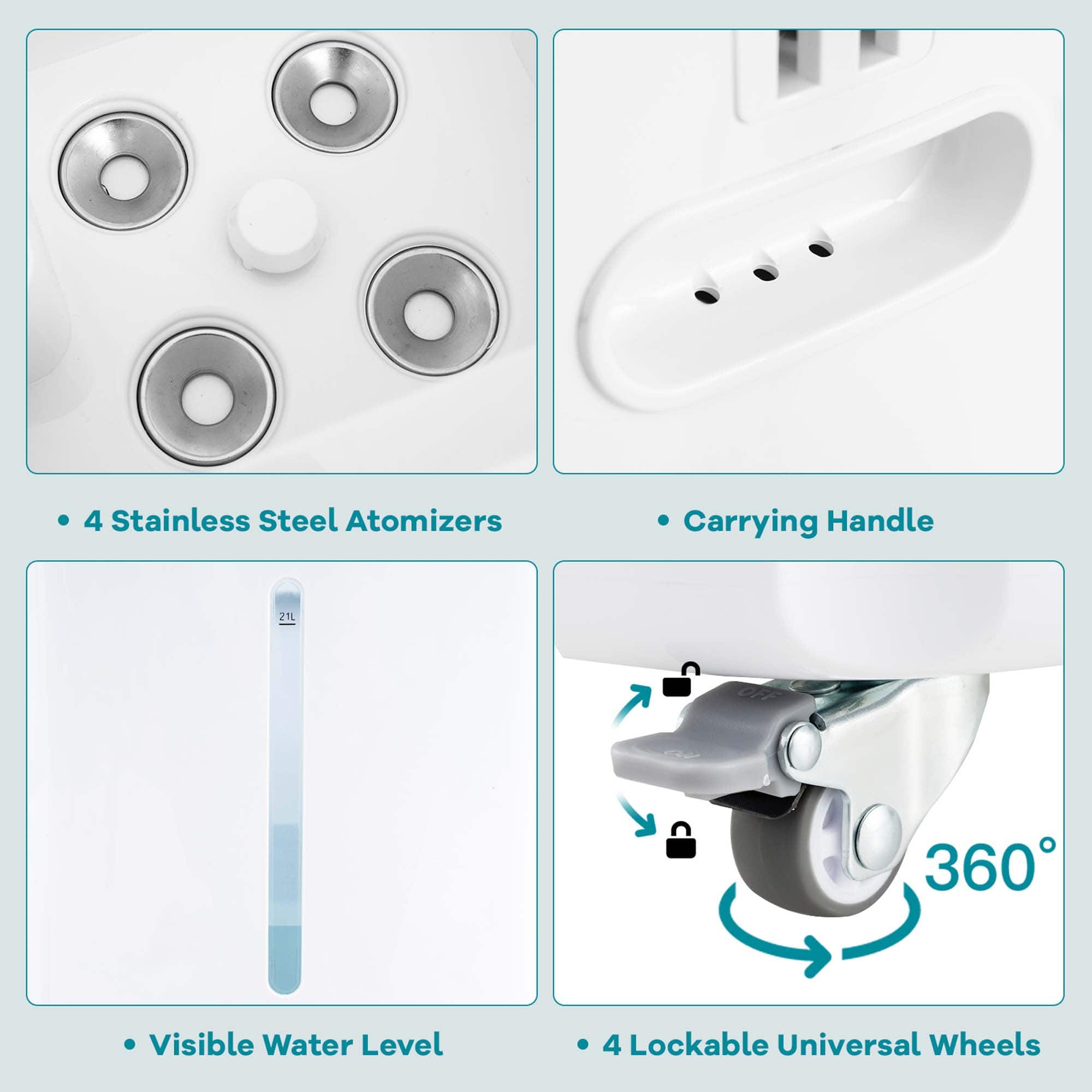 The image contains information about a water tank with a carrying handle, stainless steel atomizers, a visible water level, and 4 lockable universal wheels.