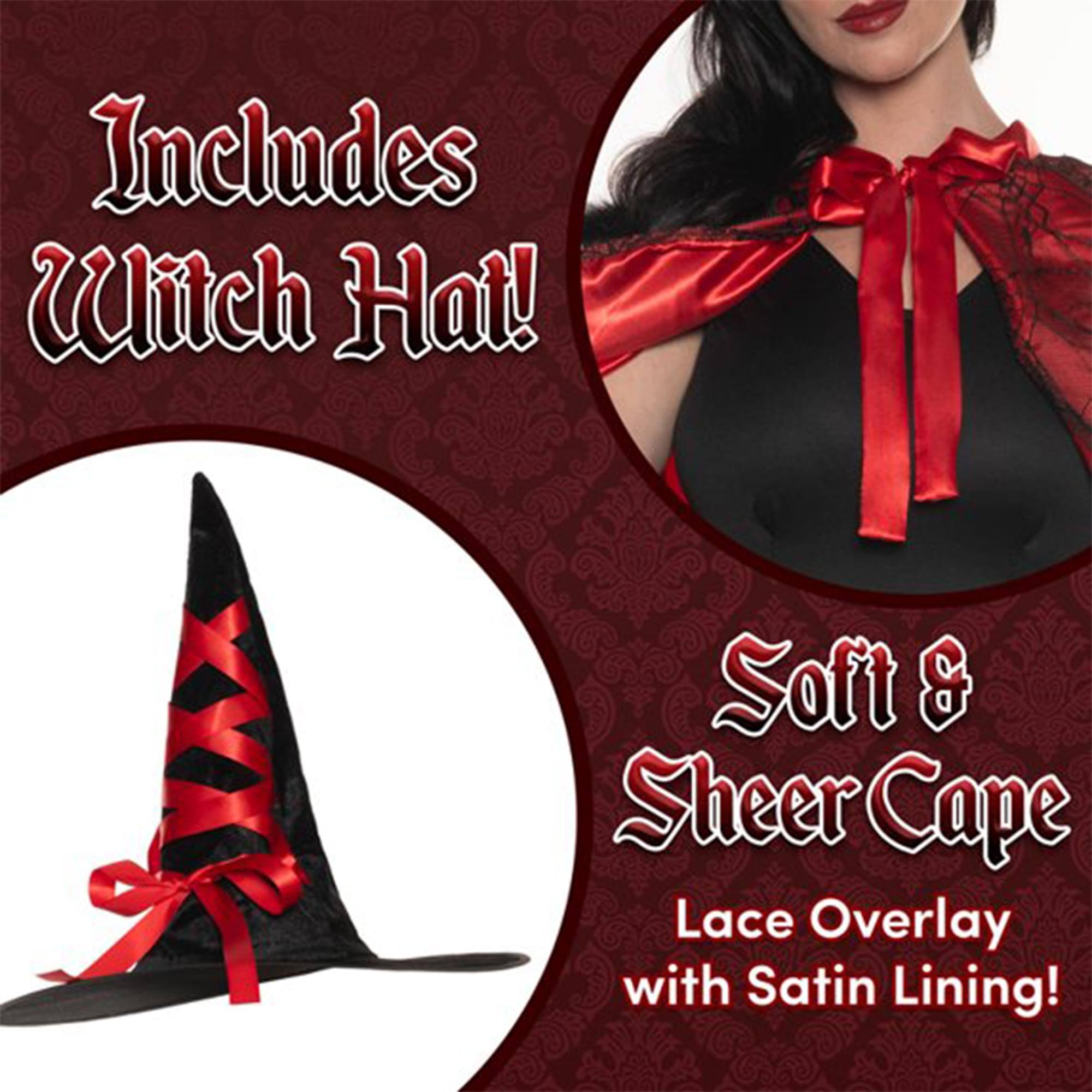 Includes Witch Hat!  
Soft & Sheer Cape  
Lace Overlay with Satin Lining!