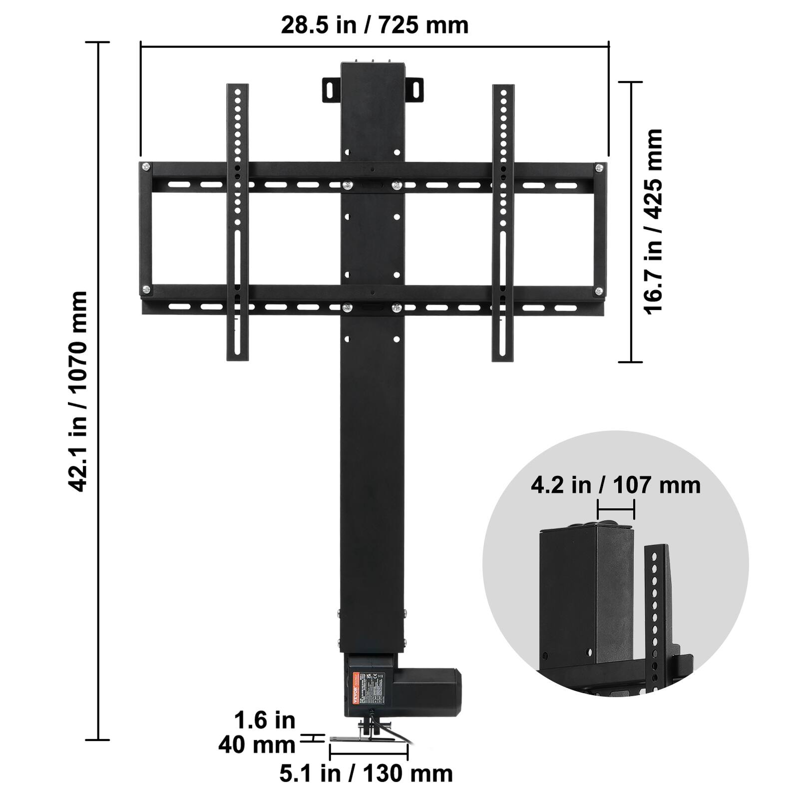 28.5 in / 725 mm  
16.7 in / 425 mm  
42.1 in / 1070 mm  
4.2 in / 107 mm  
1.6 in / 40 mm  
5.1 in / 130 mm