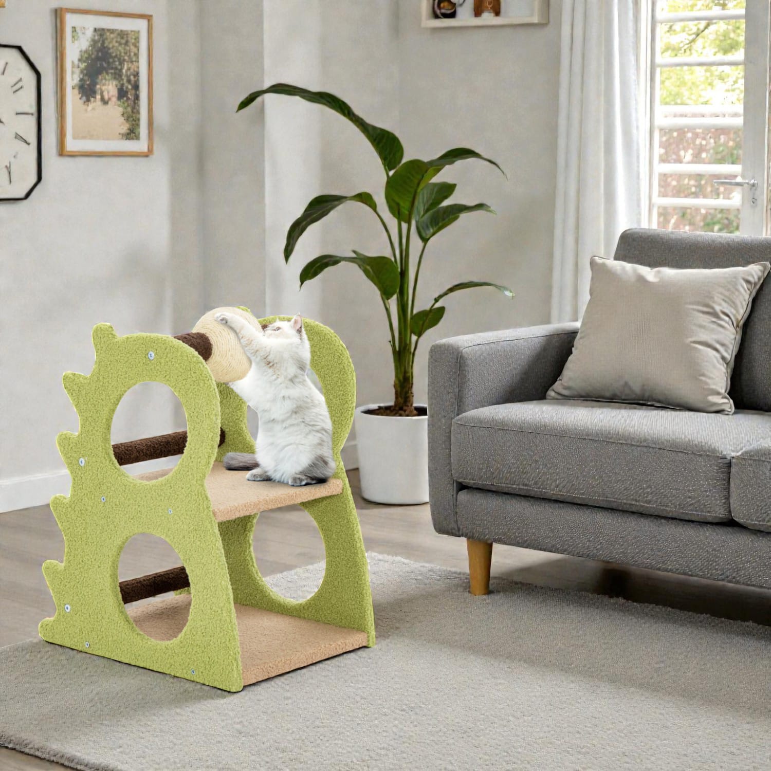 BreeBe - Modern Dual-Tier Cat Tree Featuring Rotating Sisal Play Ball - Green