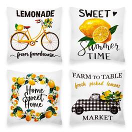 G128 - Summer Farmhouse Lemon 'Sweet Home' Throw Pillow Set of 4 with Inserts, 18 x 18 in, Waterproof - Assorted Colors