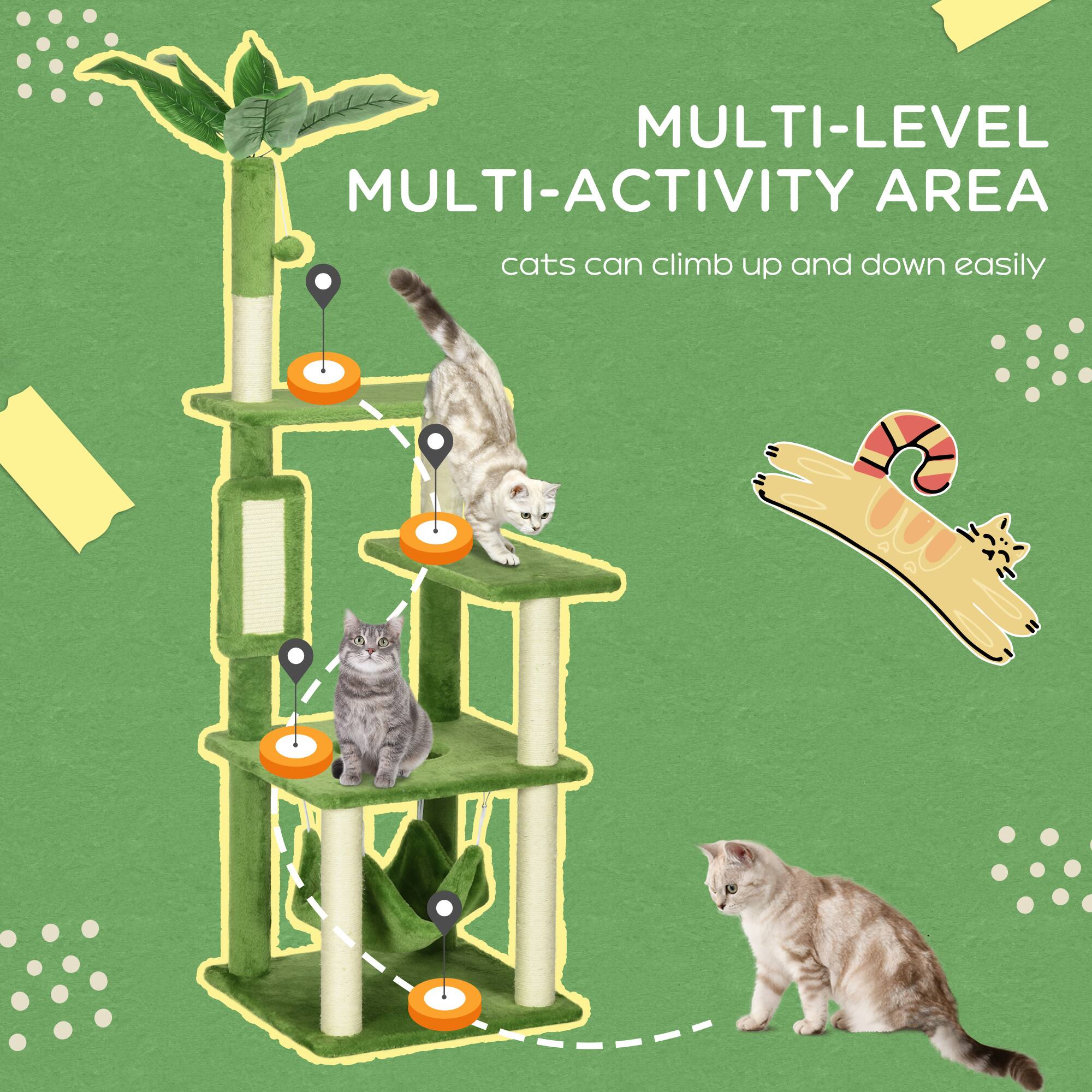 Back. Pawhut - 56" Multi-Level Cat Tree, Tower with Scratching Post, Hammock, Play Ball & Anti-Tipping Device, Activity Center - Green.