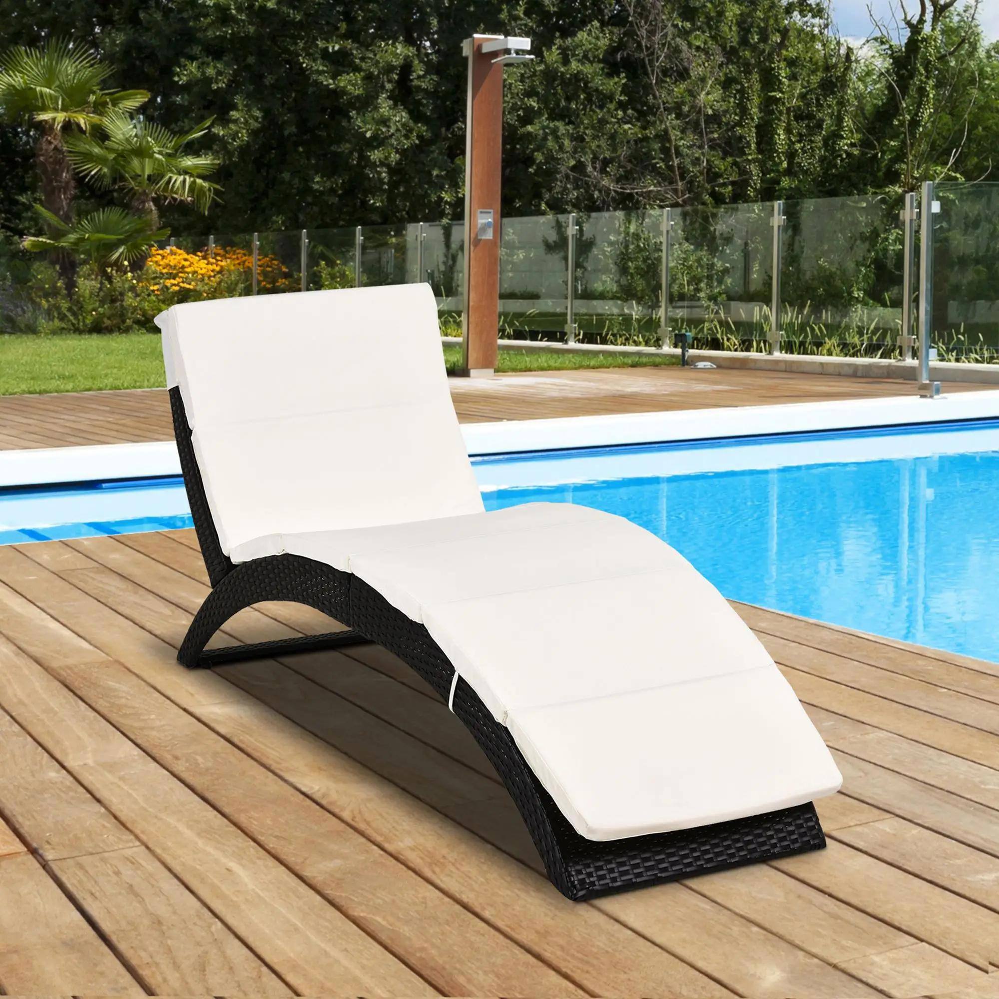 Alt View 6. Resenkos - Resenkos Patio Foldable Wicker Chaise Lounge, PE Rattan Outdoor Lounge Chair, Bed With Cushion, Cream White - Cream White.