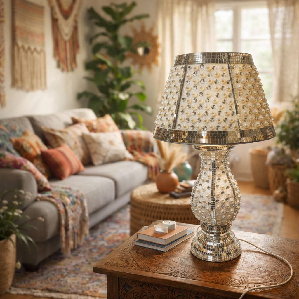 FC Design - 21"H Silver Mosaic Vase Pearl-Embellished Floral Design Table Lamp