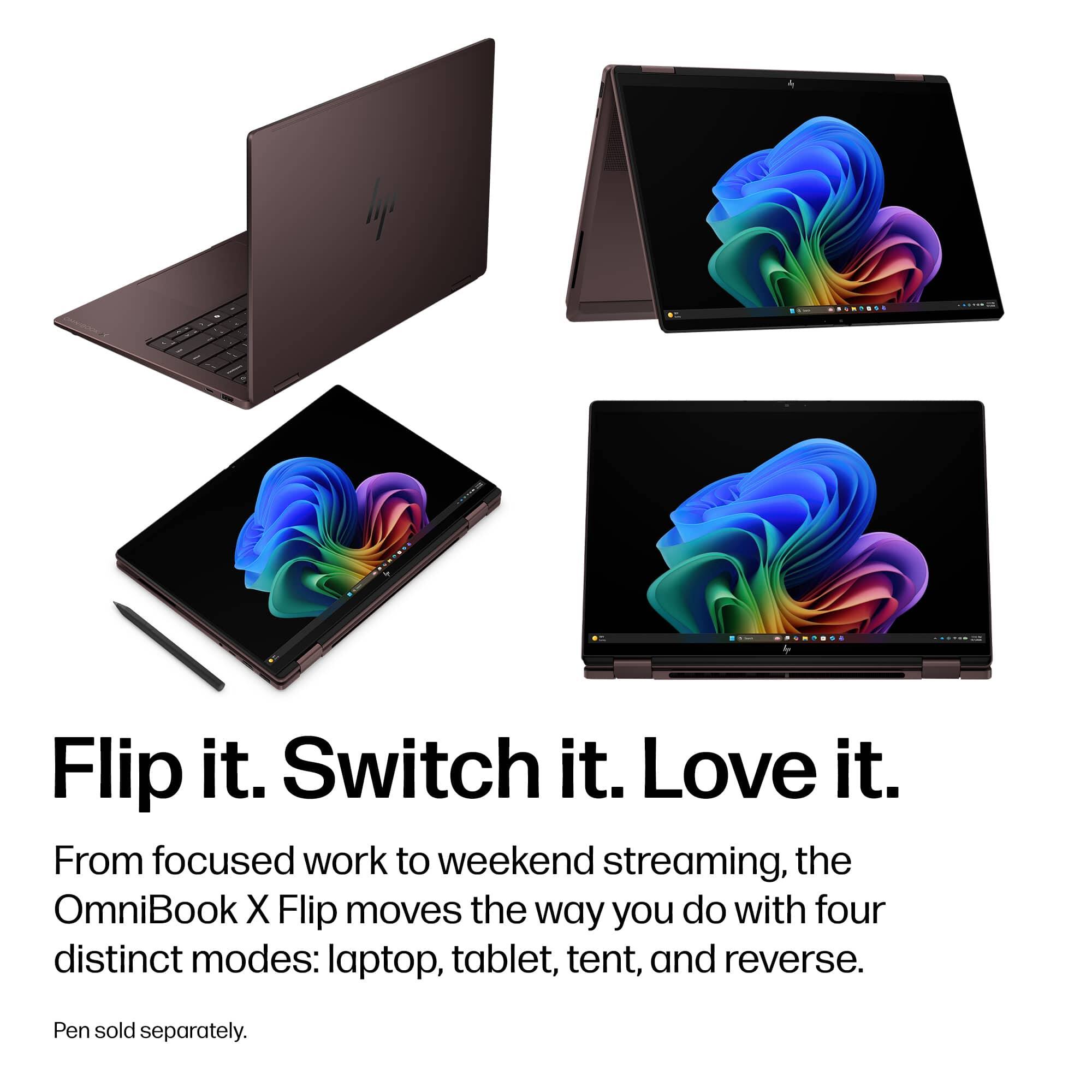 Flip it. Switch it. Love it. From focused work to weekend streaming, the OmniBook X Flip moves the way you do with four distinct modes: laptop, tablet, tent, and reverse. Pen sold separately.