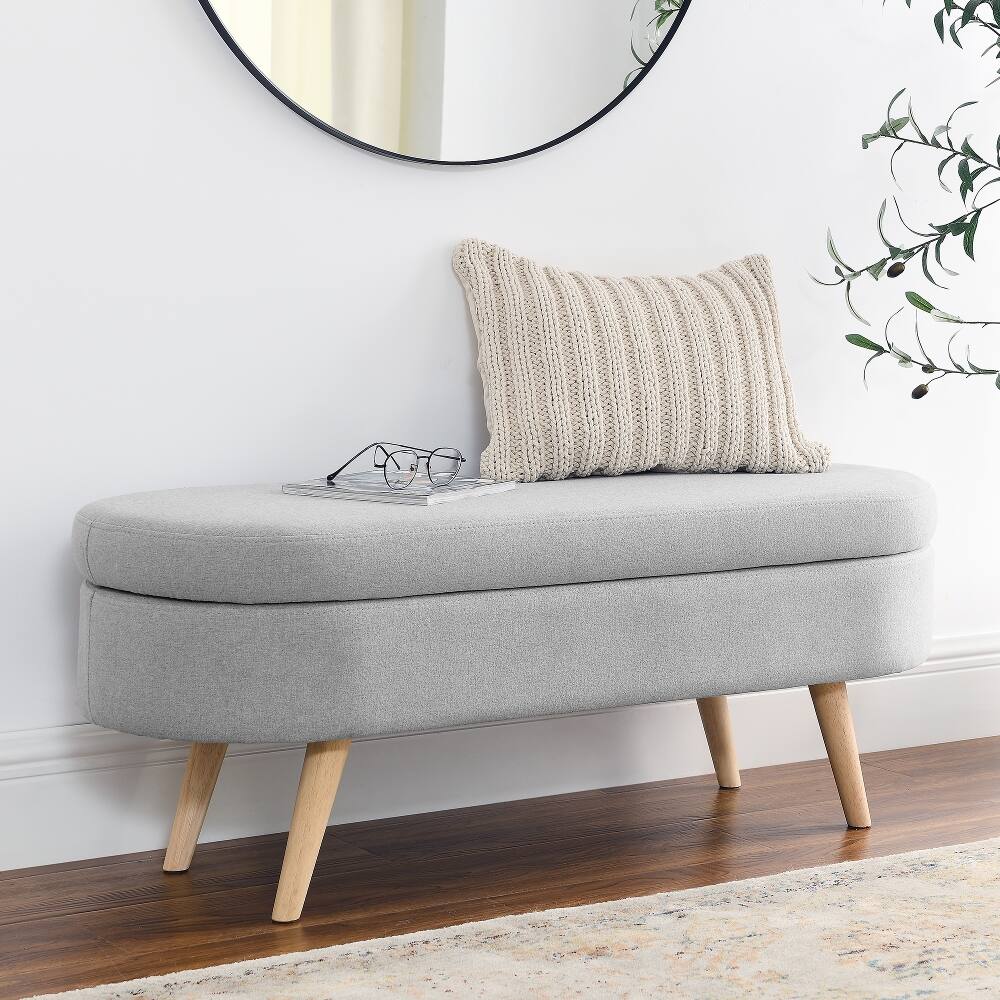 Front. Ropilly - Ropilly Oval Storage Bench Grey Storage Ottoman with Rubber Wood Legs for Bedroom - Grey.