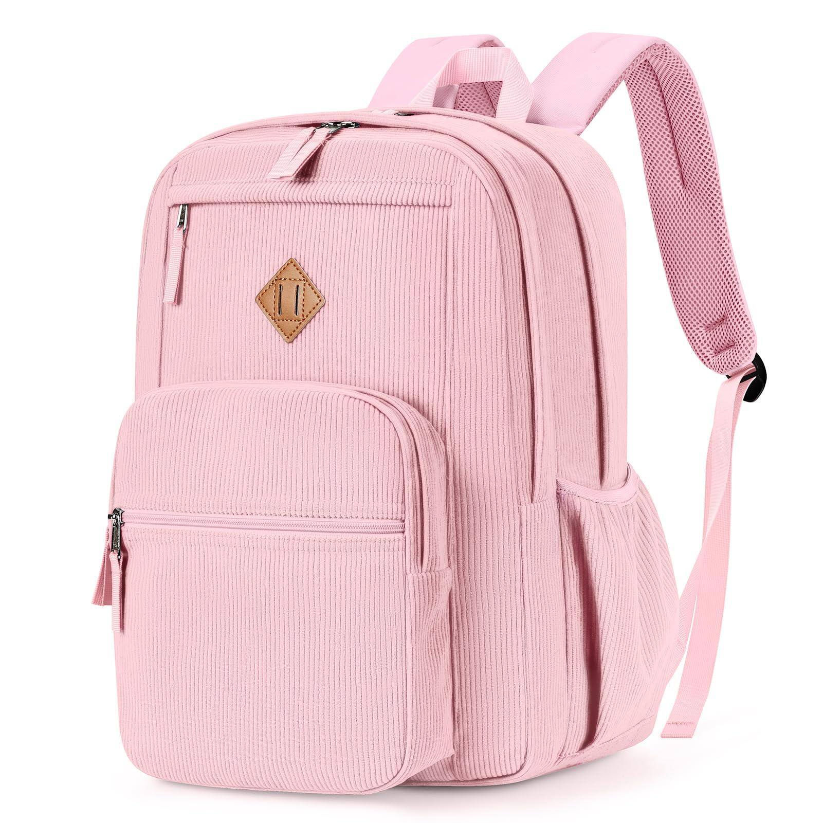 Front. Live At Space - 26l Black Backpack For School  College And Travel: Water Resistant Bookbag With 8 Compartments - Light Pink Corduroy-16.5 Inch.