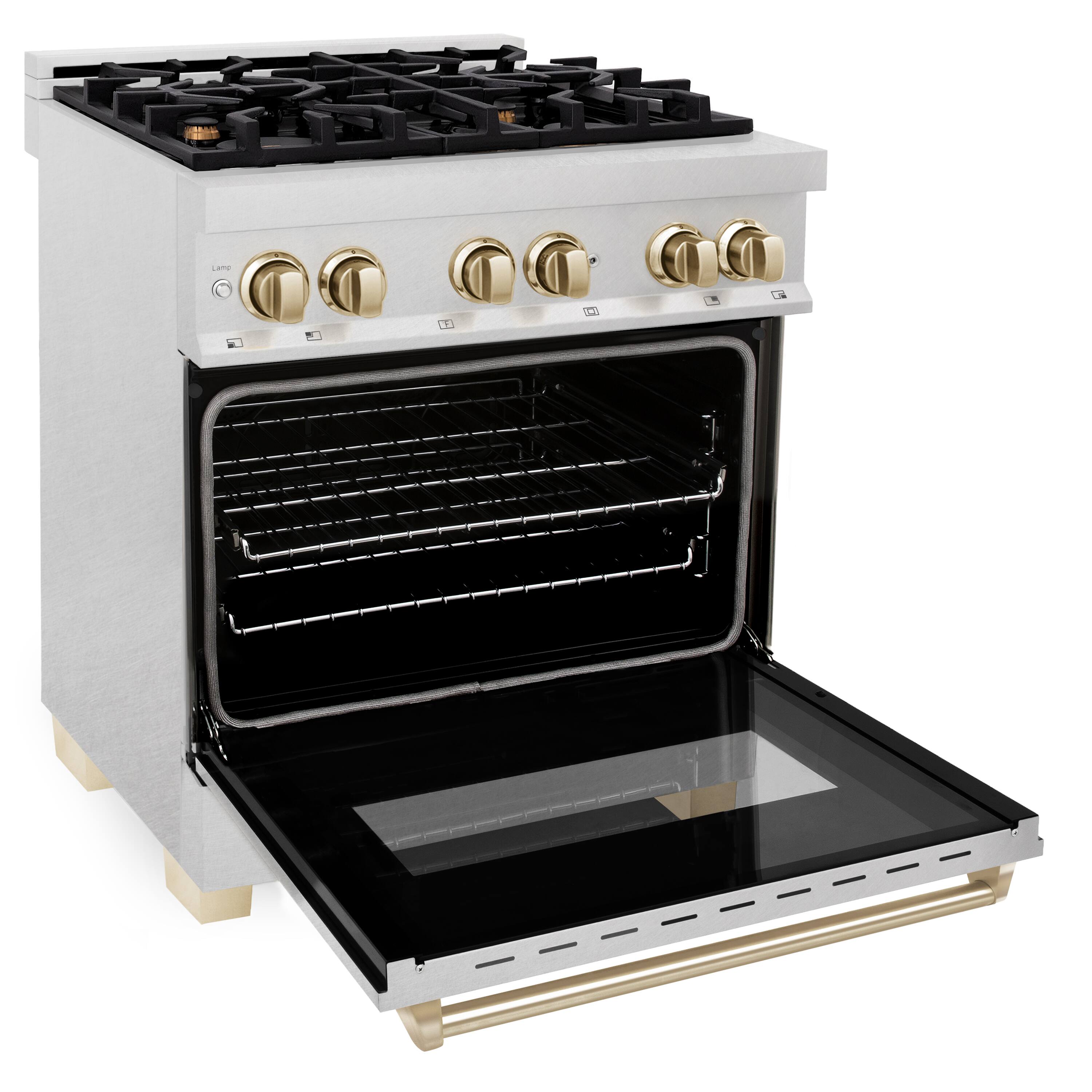 Left. ZLINE - ZLINE Autograph 30 in. Legacy Dual Fuel Range in Satin Steel & Gold Accents (RASZ-SN-30-G) - Stainless steel.