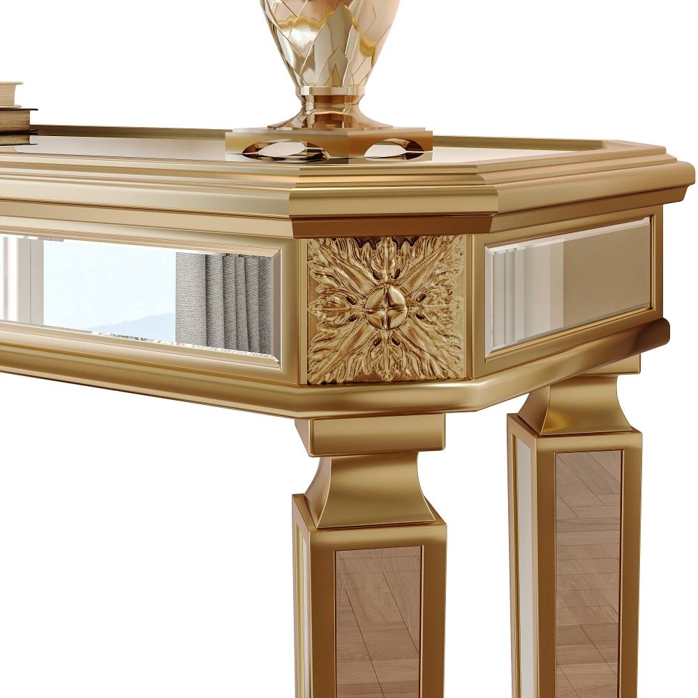 Alt View 6. Loheer - Loheer Gold Mirrored Console Table, Vintage Wood Carved Entryway Table, 48 Inch Living Room Console - Gold.