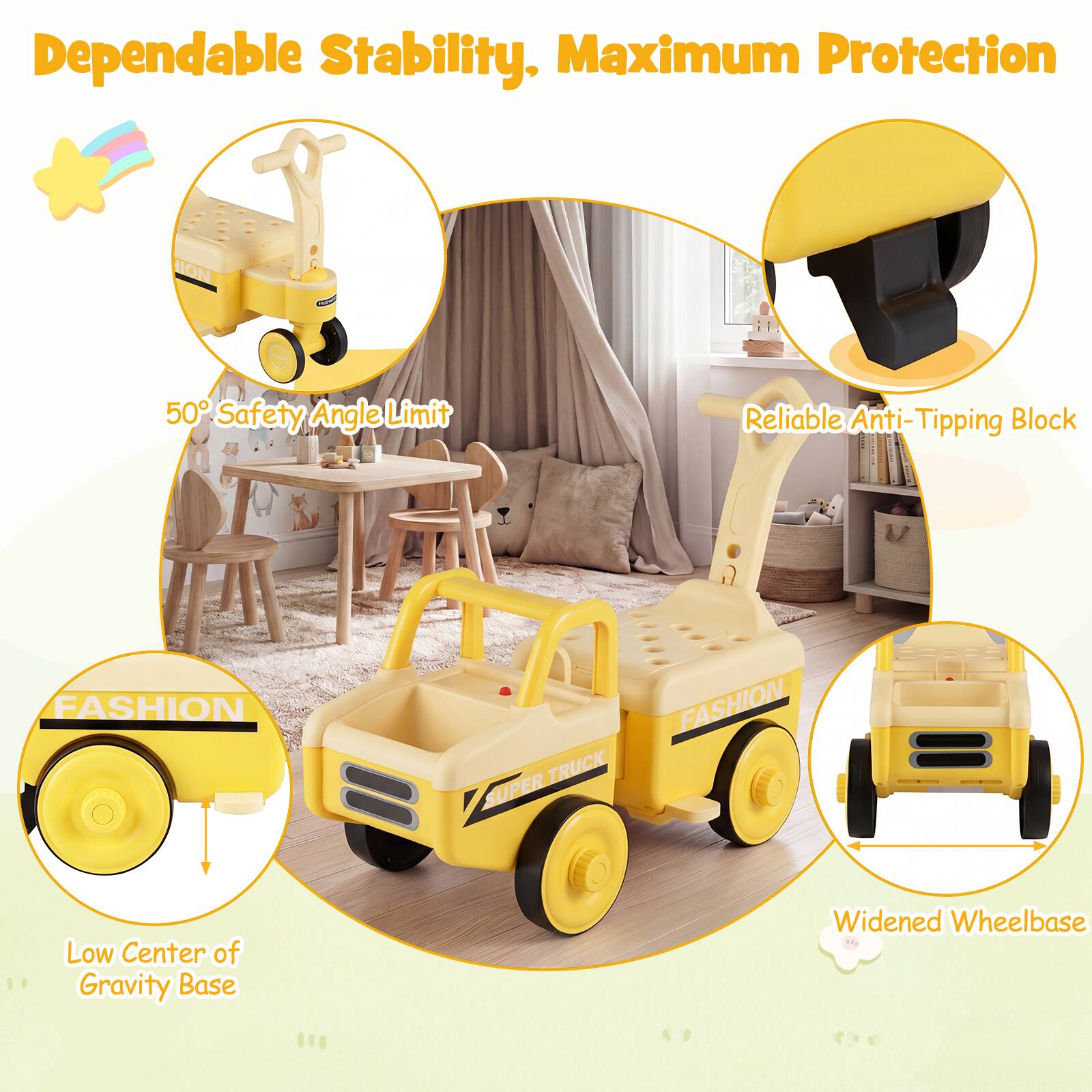 Dependable Stability. Maximum Protection

- 50° Safety Angle Limit
- Reliable Anti-Tipping Block
- Low Center of Gravity Base
- Widened Wheelbase