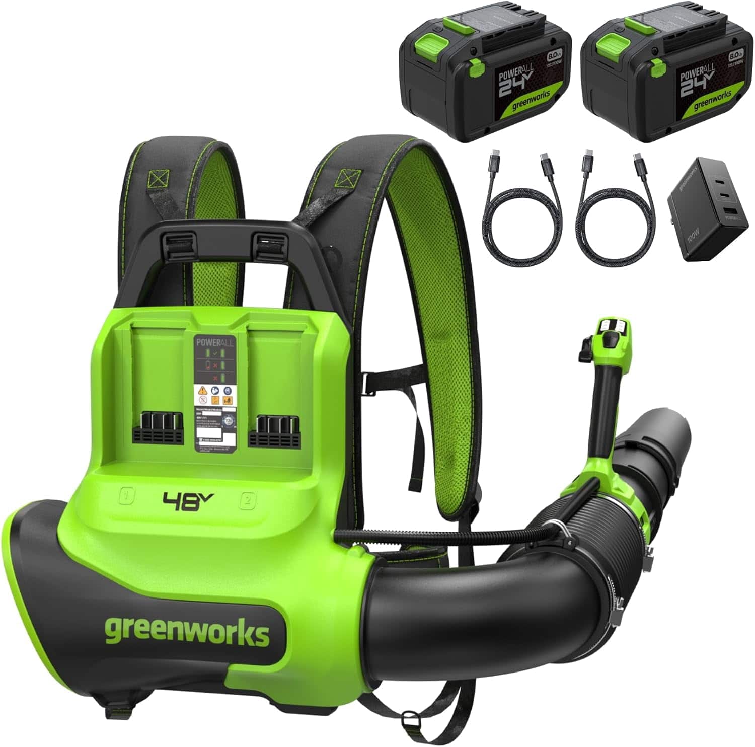Greenworks - 48V (24V x 2) Brushless Backpack Leaf Blower, (2) 8.0Ah Batteries and 100W Fast Charger - Green price history on PriceWatchPro