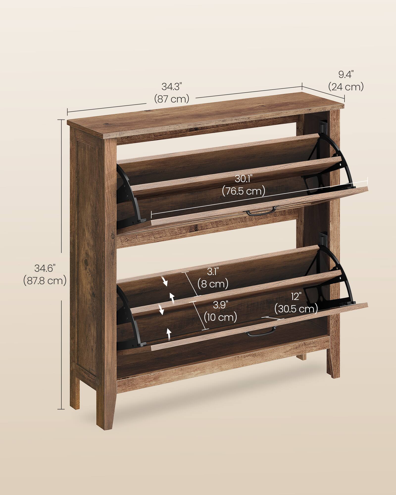 34.3" (87 cm)  
9.4" (24 cm)  
30.1" (76.5 cm)  
34.6" (87.8 cm)  
3.1" (8 cm)  
3.9" (10 cm)  
12" (30.5 cm)