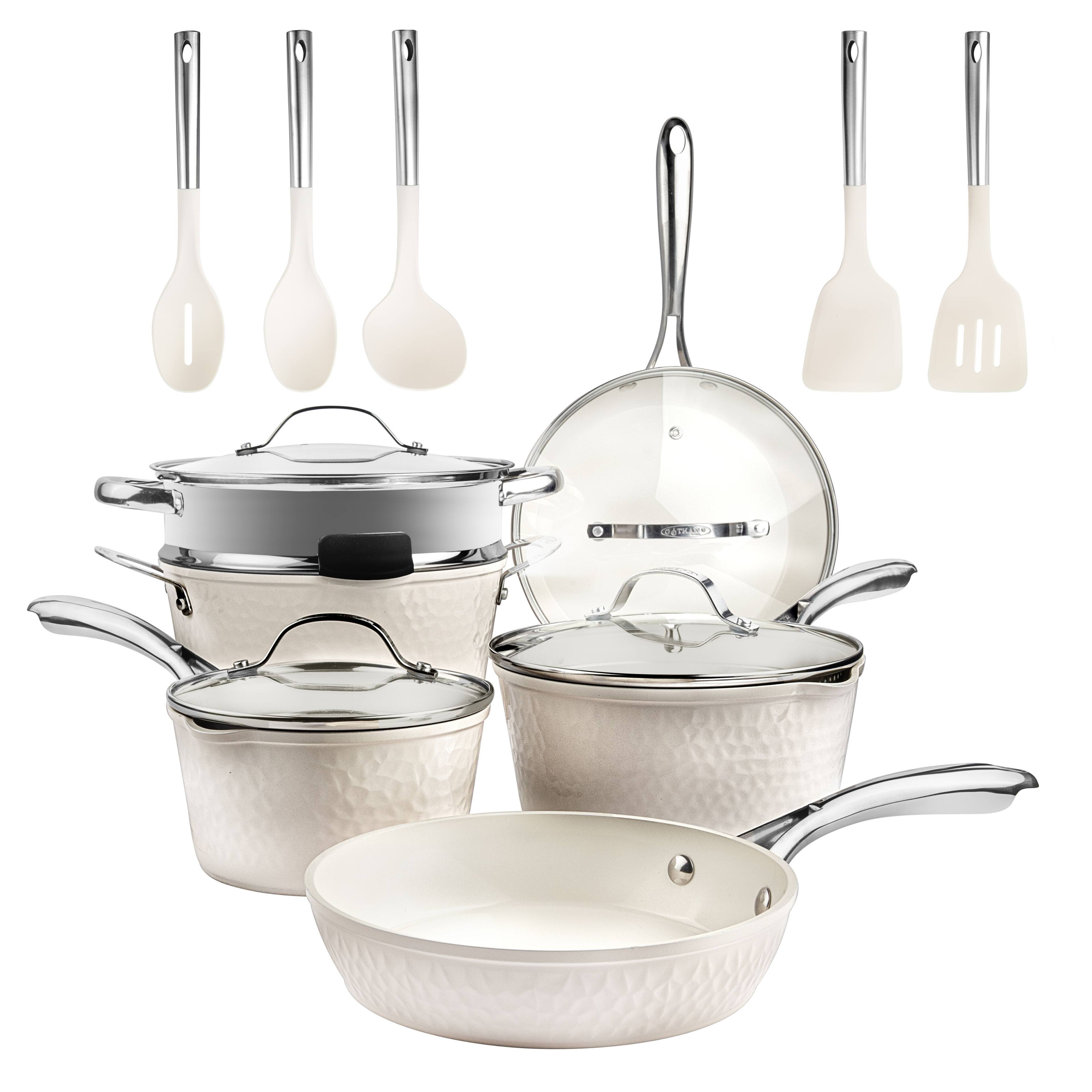 Alt View 3. Gotham Steel - Gotham Steel Hammered Cream 15-Piece Ultra Ceramic Nonstick Cookware Set with Utensils - Cream.