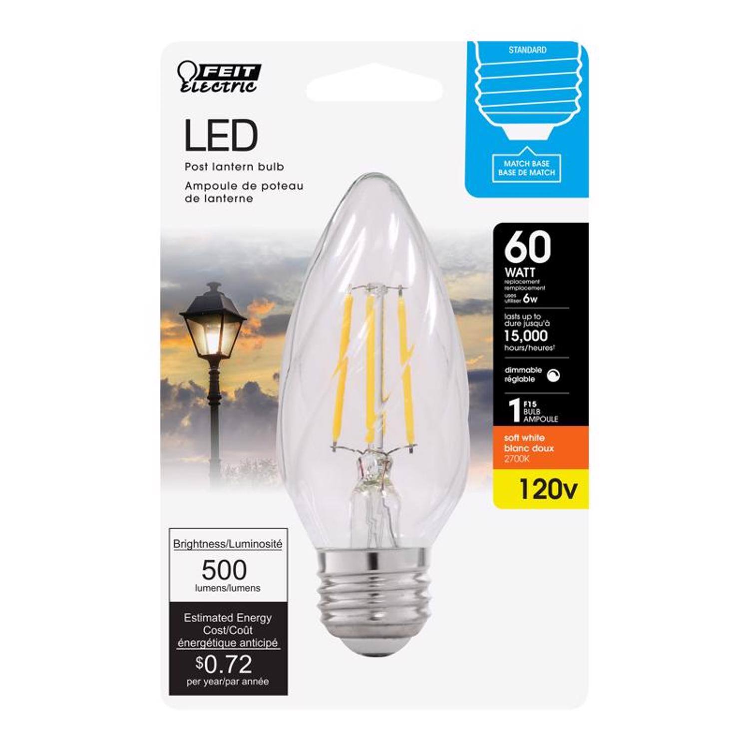 FEIT ELECTRIC - Feit F15 E26 (Medium) Post Lantern LED Bulb Soft White 60 Watt Equivalence 1 pk price history on PriceWatchPro