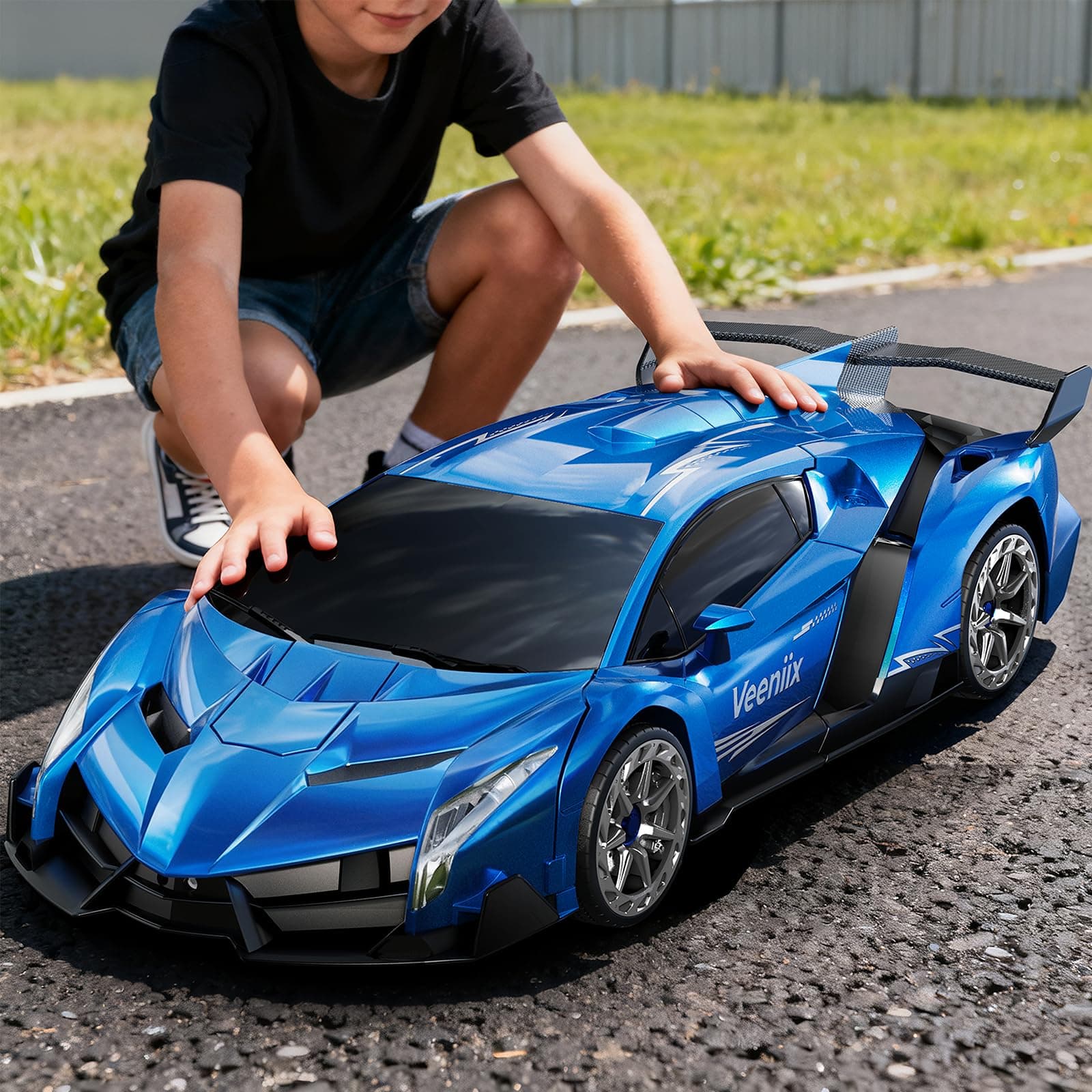 Veeniix - V991 Transform Remote Control Car, 1:10 Big Size,One-Key Deformation, Robot Toys Gifts for Boys and Girls - Blue