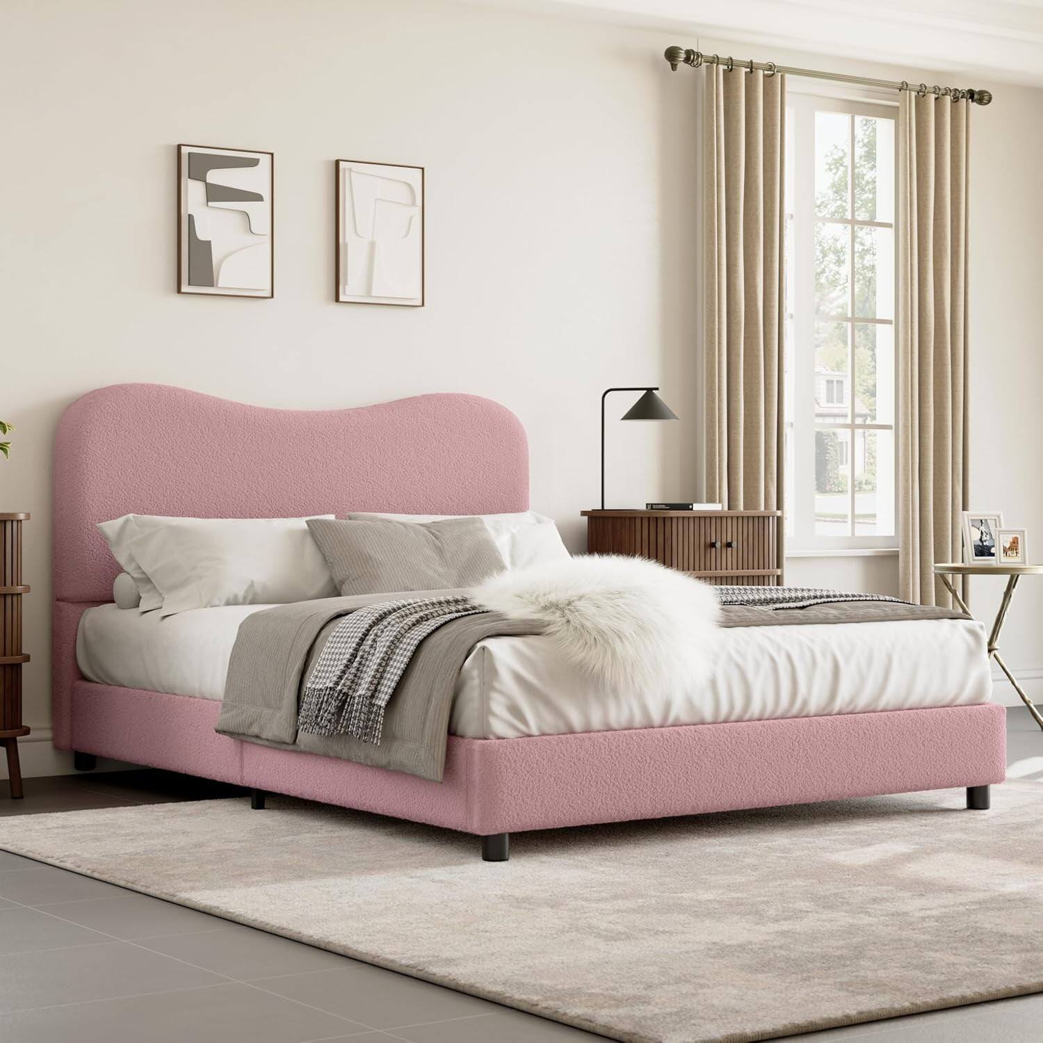 Angle. GARVEE - Full Size Platform Bed Frame, Metal Frame, Sherpa Upholstered, No Box Spring, Pink - Pink Full.