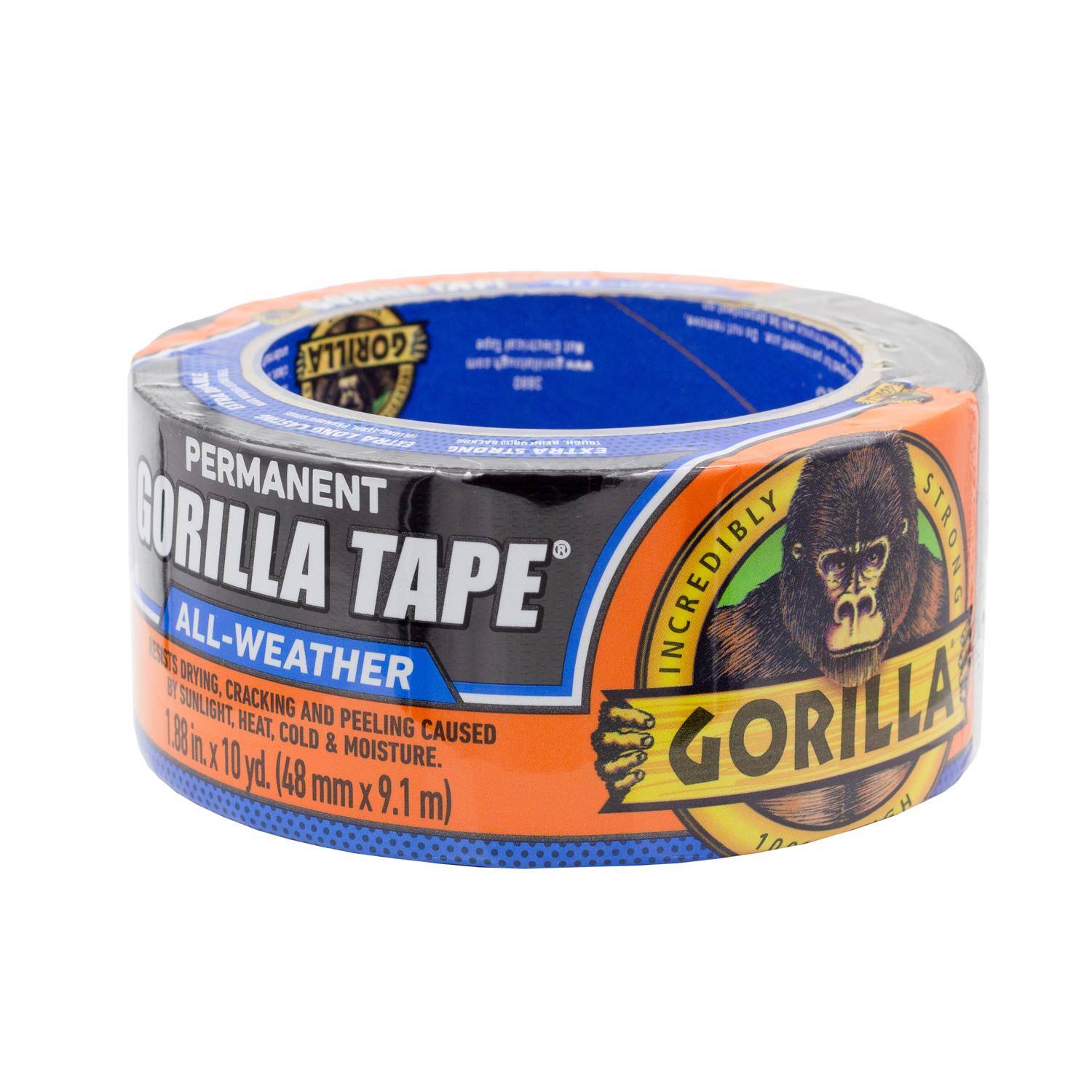 GORILLA TAPE INCREDIBLY STRONG PERMANENT ALL-WEATHER TAPE. RESISTS DRYING, CRACKING, AND PEELING CAUSED BY SUNLIGHT, HEAT, COLD & MOISTURE. 1.88 in. x 10 yd. (48 mm x 9.1 m)
