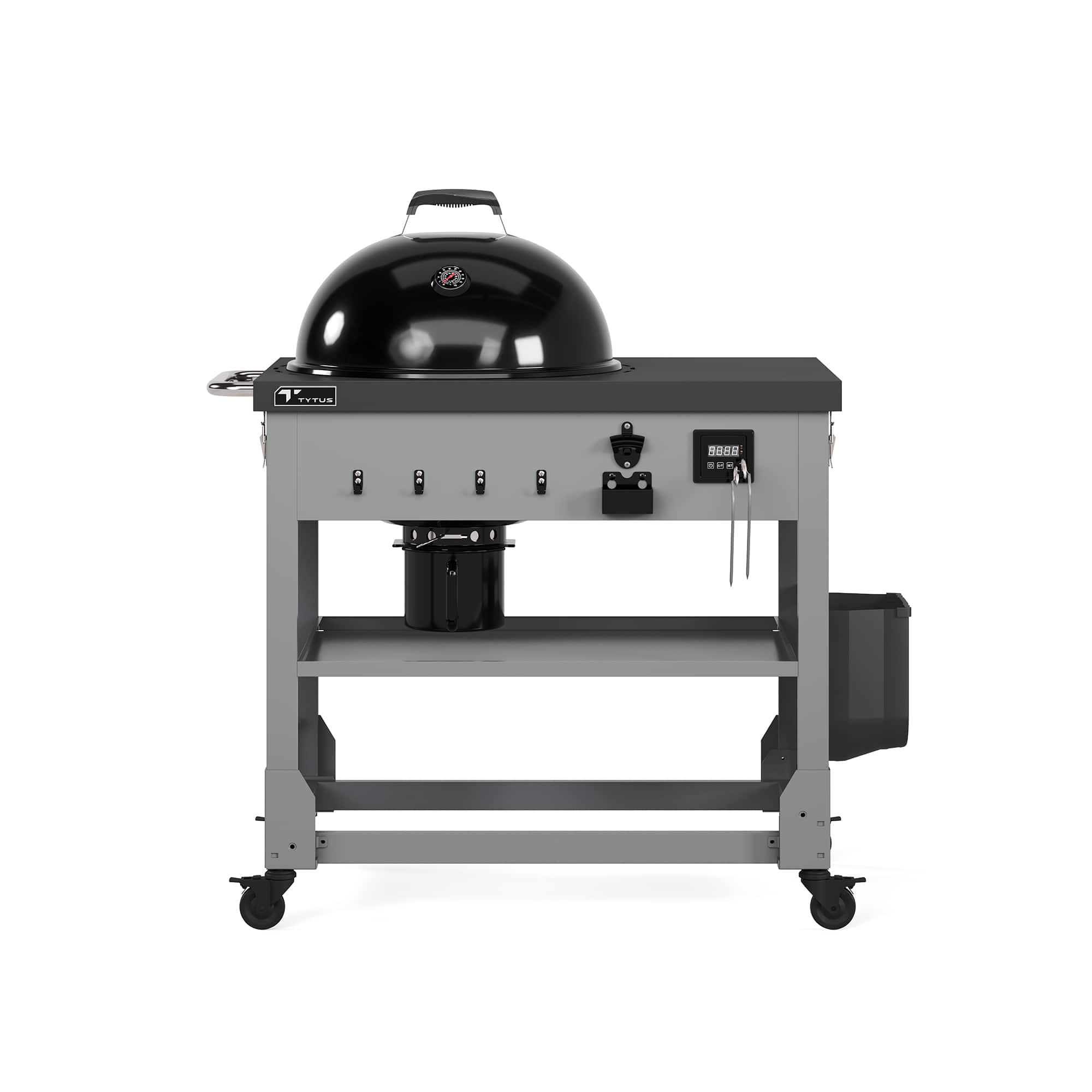 The image features a large black grill on a metal cart. The grill has a black lid and is sitting on top of the cart. The cart is placed on wheels, making it easy to move around. The grill is likely used for cooking outdoors, providing a convenient and portable option for outdoor cooking needs.