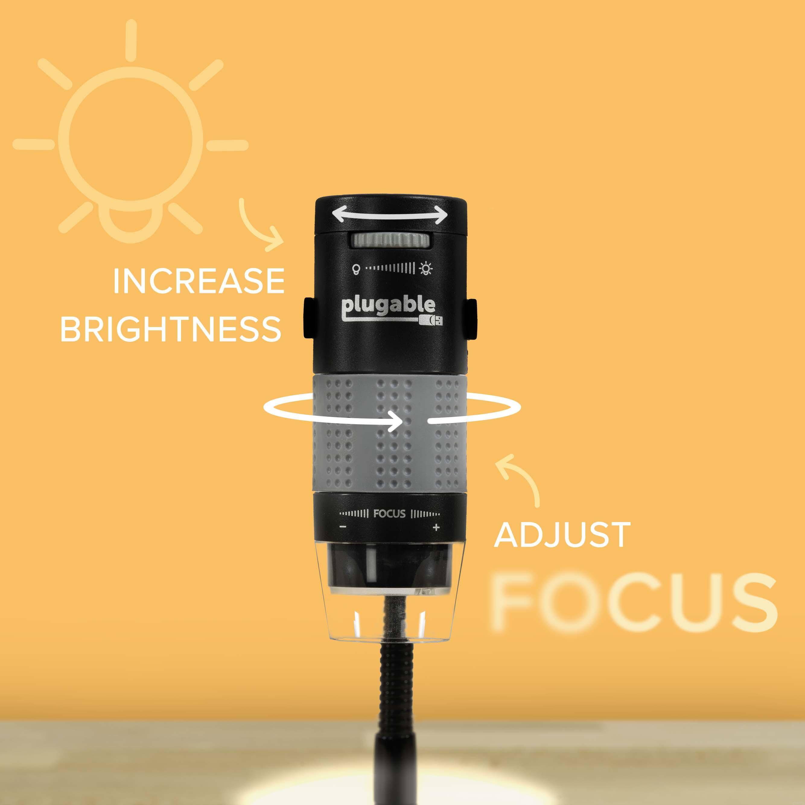 Q: How do I increase brightness and adjust focus on the plugable flashlight?

A: To increase brightness, turn the dial on the top of the flashlight. To adjust focus, turn the dial on the bottom of the flashlight.