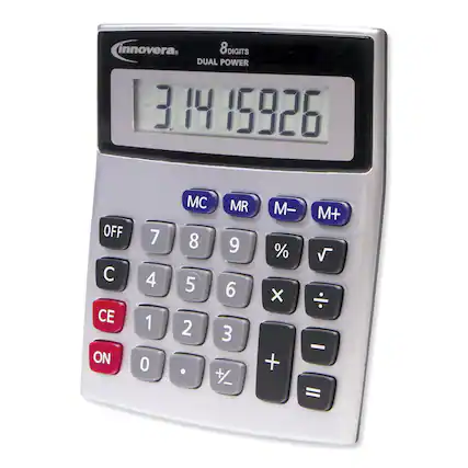 innovera
8 DIGITS DUAL POWER
3.1415926
OFF CE ON
7 8 9 % √
4 5 6 × ÷
1 2 3 -
0 . + =
MC MR M- M+