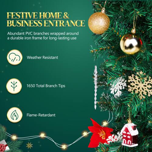 FESTIVE HOME & BUSINESS ENTRANCE

Abundant PVC branches wrapped around a durable iron frame for long-lasting use

- Weather Resistant
- 1650 Total Branch Tips
- Flame-Retardant