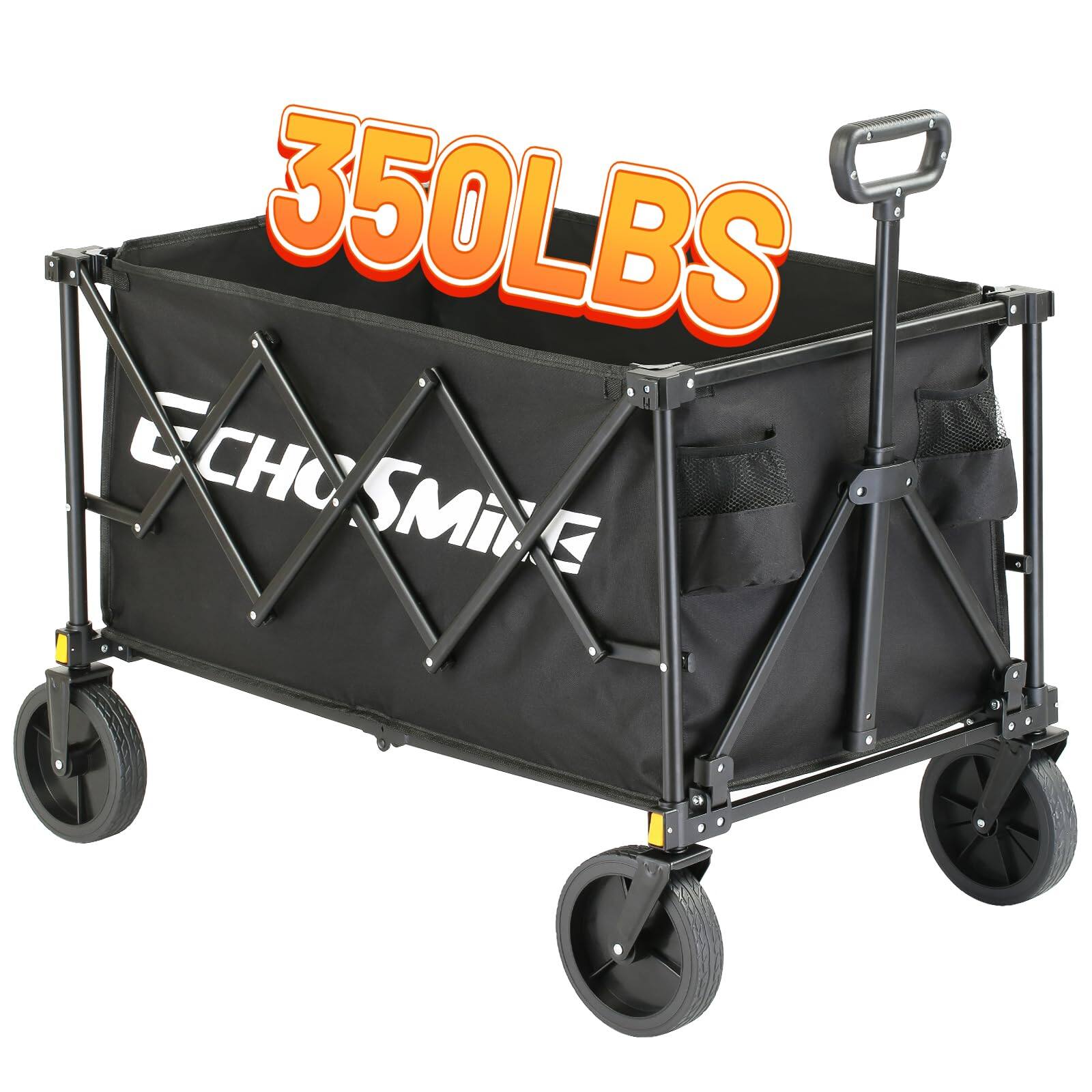 Wikistore - Heavy Duty 350Lbs Collapsible Wagon - Adjustable, Big All-Terrain Wheels - For Camping, Grocery, Sports - Black