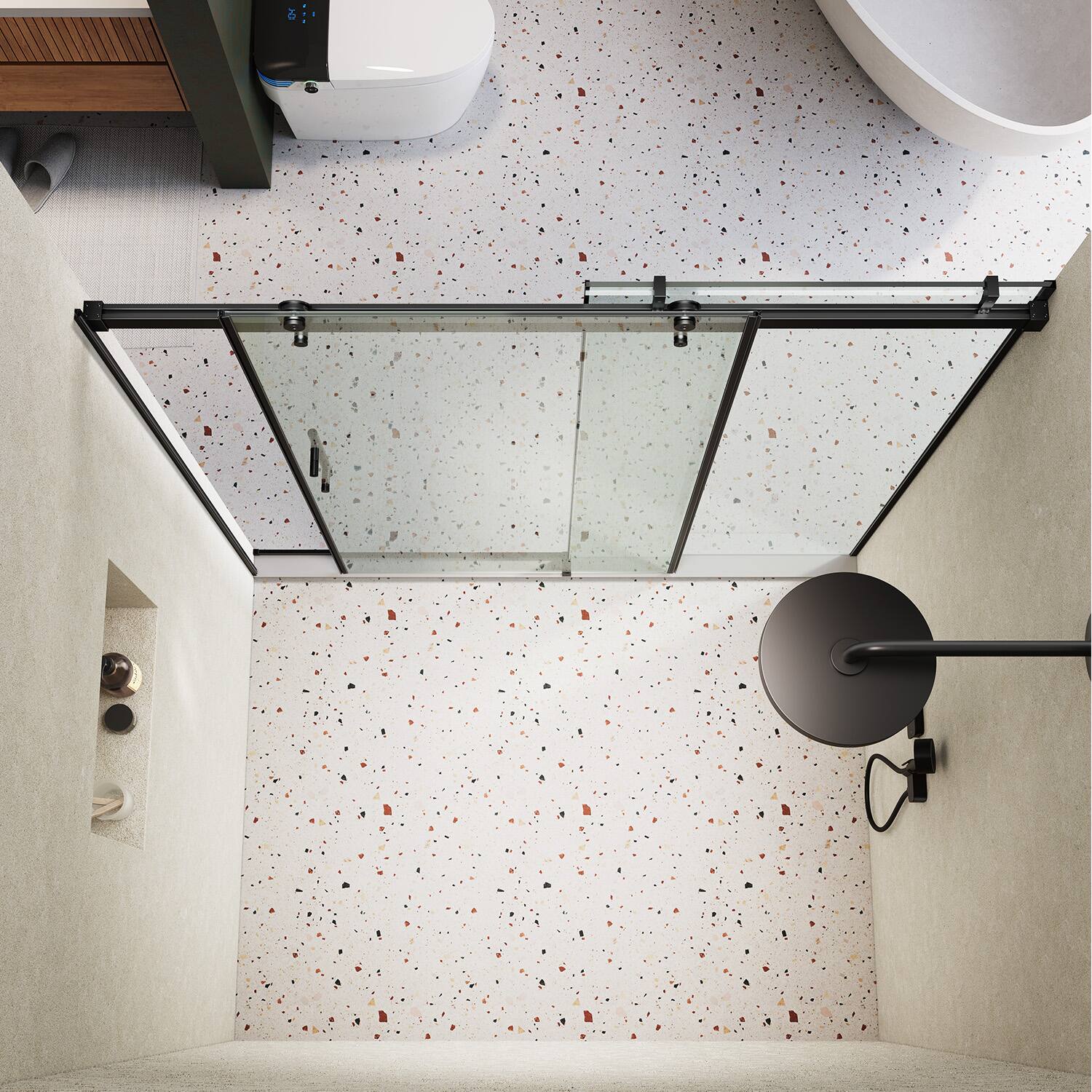 Back. Koligey - 56-60"W x 76"H Soft-Close Semi-Frameless Sliding Shower Door with Buffer Damping System,10mmTempered Glass - black.