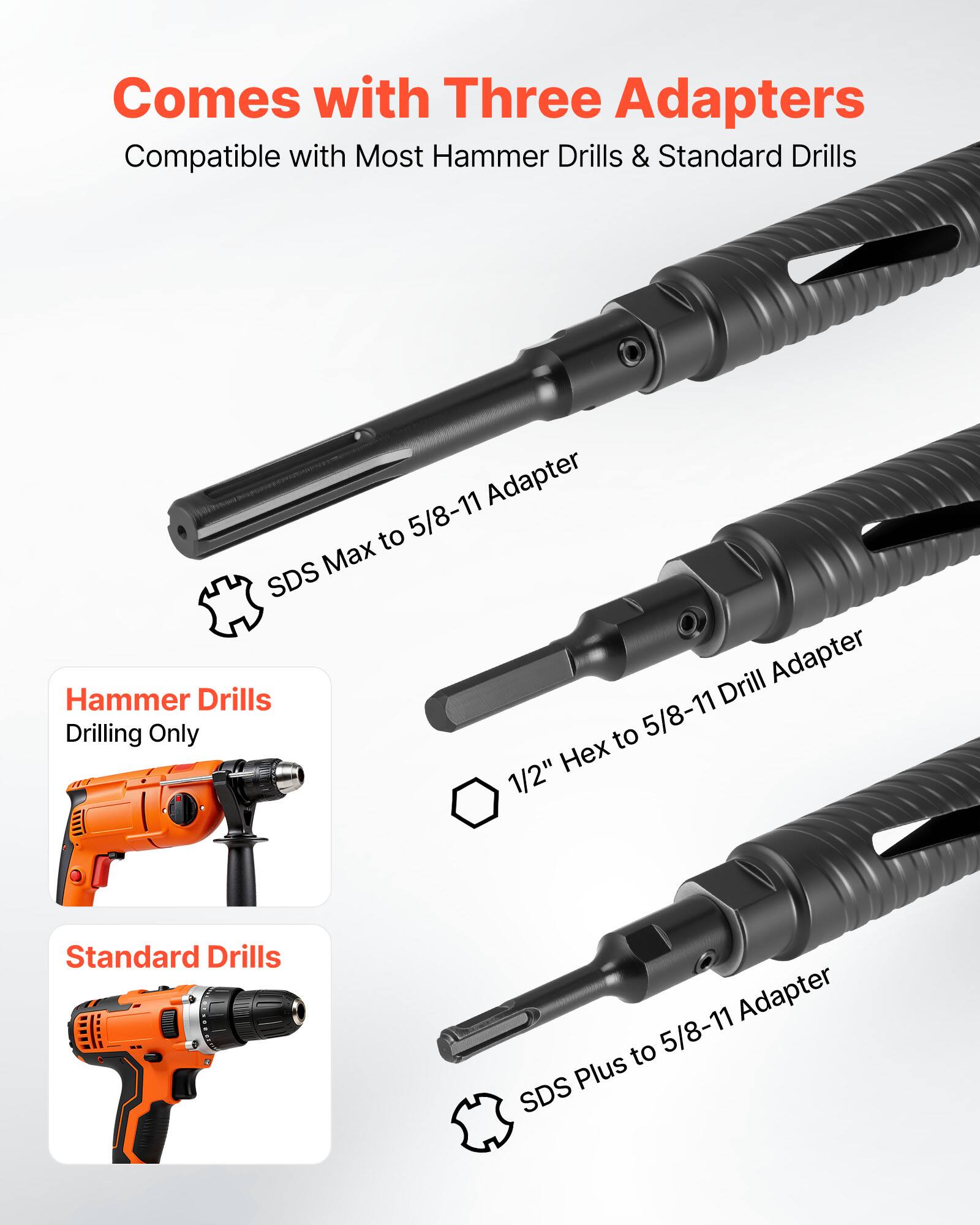 Comes with Three Adapters  
Compatible with Most Hammer Drills & Standard Drills  

- SDS Max to 5/8-11 Adapter  
- 1/2" Hex to 5/8-11 Drill Adapter  
- SDS Plus to 5/8-11 Adapter  

Hammer Drills  
Drilling Only  

Standard Drills