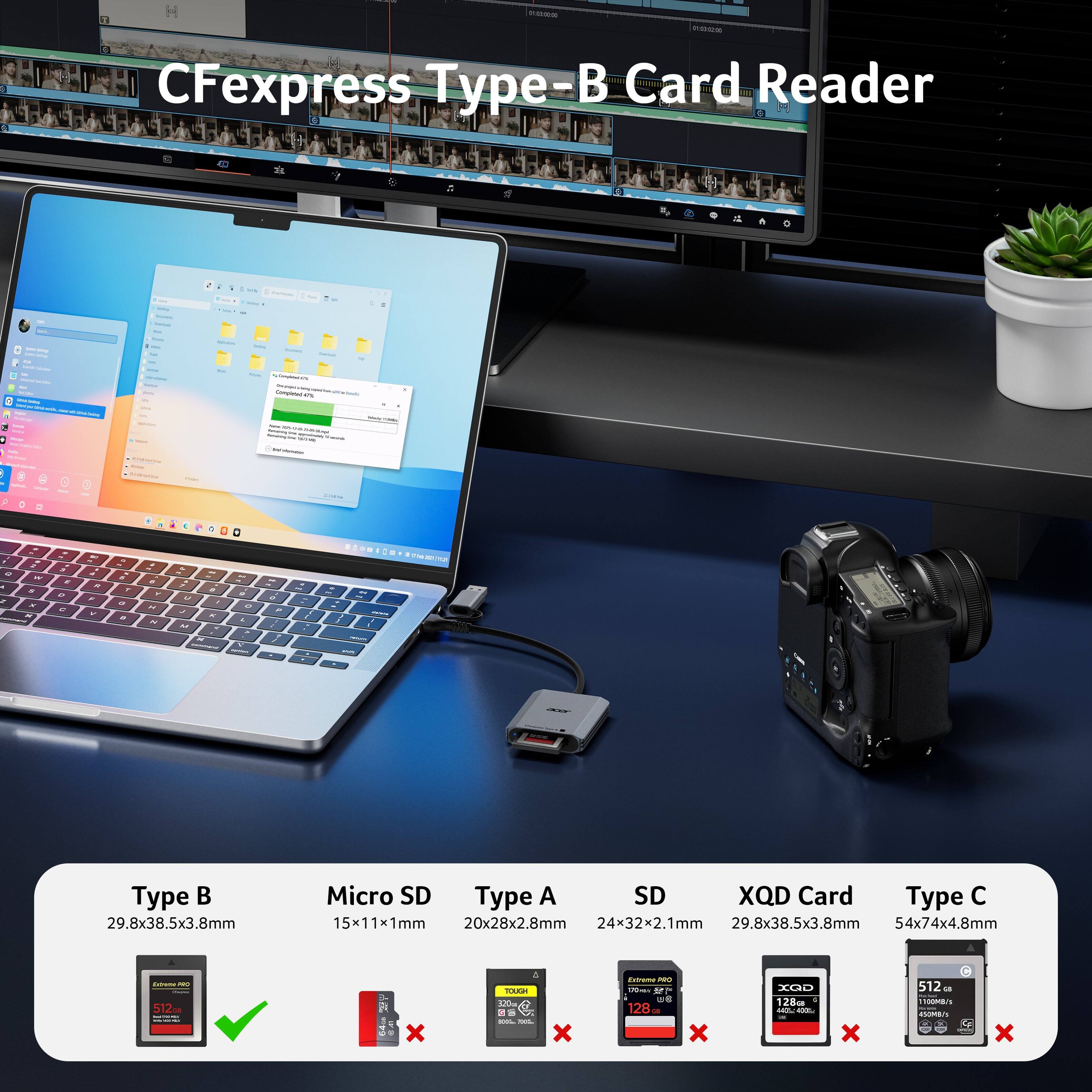 1 1 POS - F CFexpress Type B Card Reader

Type B: 29.8x38.5x3.8mm
Micro SD: 15x11x1mm
Type A: 20x28x2.8mm
SD: 24x32x2.1mm
XQD Card: 29.8x38.5x3.8mm
Type C: 54x74x4.8mm

512m A d I. x & KAMU Jhu a - - - x - - - - -. 128 x TOD 128m - addaa x 512 - 18 SOMB x