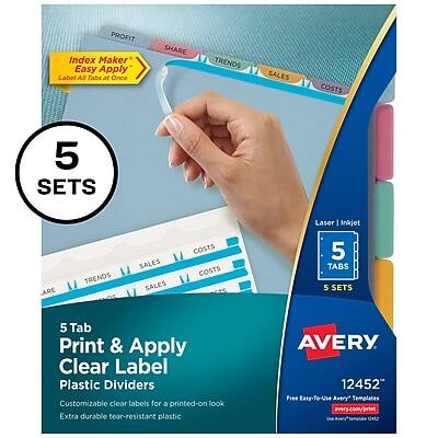 **PROFIT Index Maker Easy Apply Label Tabs at Once**

**SHARE TRENDS SALES COSTS**

**5 SETS**

**Laser / Inkjet**

**5 TABS**

**5 SETS**

**5 Tab Print & Apply Clear Label Plastic Dividers**

**Customizable clear labels for a printed-on look**

**Extra durable tear-resistant plastic**

**AVERY**

**12452**

**Free Easy-To-Use Avery Templates**

**avery.com/print**