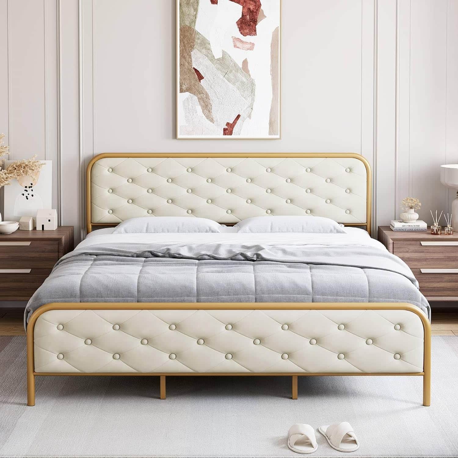 GARVEE - Velvet King Bed Frame with Golden Base and Tufted Headboard, Sturdy Wood Slats, Noise-Free Platform Design - Beige