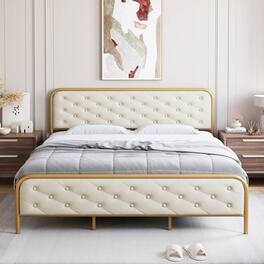 GARVEE - Velvet King Bed Frame with Golden Base and Tufted Headboard, Sturdy Wood Slats, Noise-Free Platform Design - Beige