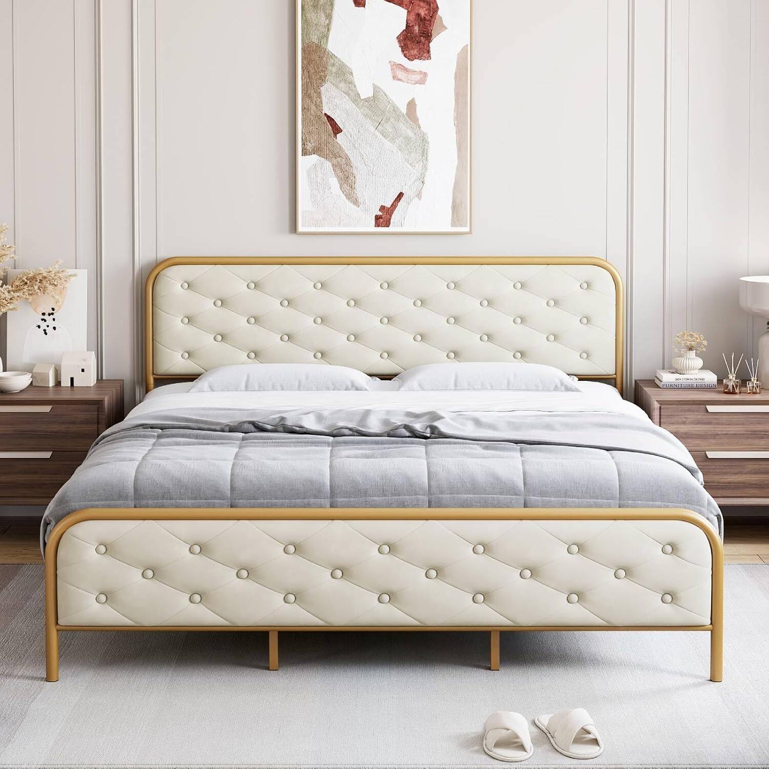 Front. GARVEE - Velvet King Bed Frame with Golden Base and Tufted Headboard, Sturdy Wood Slats, Noise-Free Platform Design - Beige.