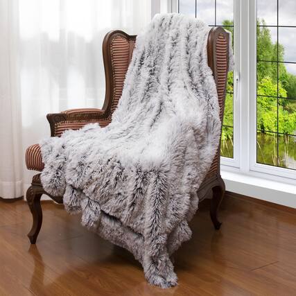 Front. Cheer Collection - Reversible Faux Fur Long Shaggy Hair Accent Throw Blanket 50"x60" - Grey and White.