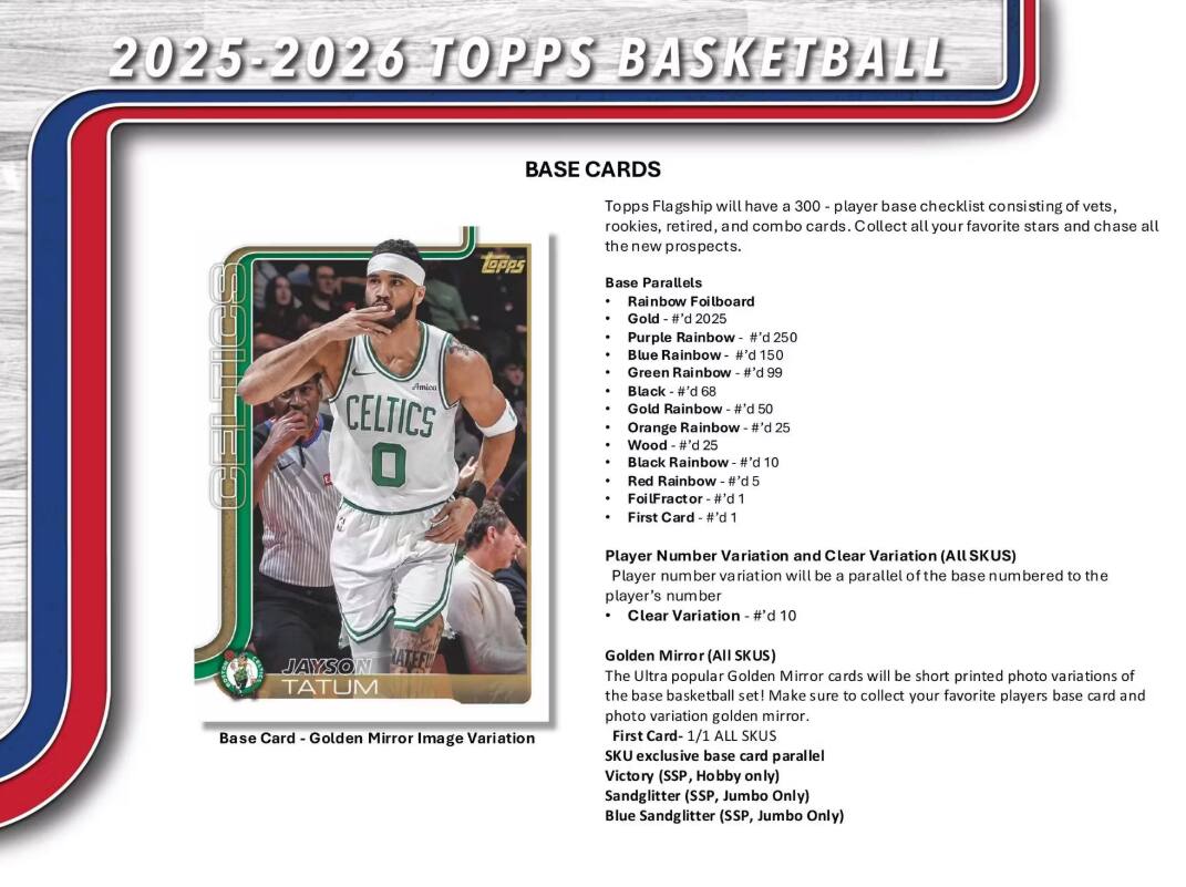 2025-2026 TOPPS BASKETBALL BASE CARDS

Topps Flagship will have a 300-player base checklist consisting of vets, rookies, retired, and combo cards. Collect all your favorite stars and chase all the new prospects.

Base Parallels:
- Rainbow Foilboard
- Gold - #’d 2025
- Purple Rainbow - #’d 250
- Blue Rainbow - #’d 150
- Green Rainbow - #’d 99
- Black - #’d 68
- Gold Rainbow - #’d 50
- Orange Rainbow - #’d 25
- Wood - #’d 25
- Black Rainbow - #’d 10
- Red Rainbow - #’d 5
- FoilFractor - #’d 1
- First Card - #’d 1

Player Number Variation and Clear Variation (All SKUs):
- Player number variation will be a parallel of the base numbered to the player’s number
- Clear Variation - #’d 10

Golden Mirror (All SKUs):
- The Ultra popular Golden Mirror cards will be