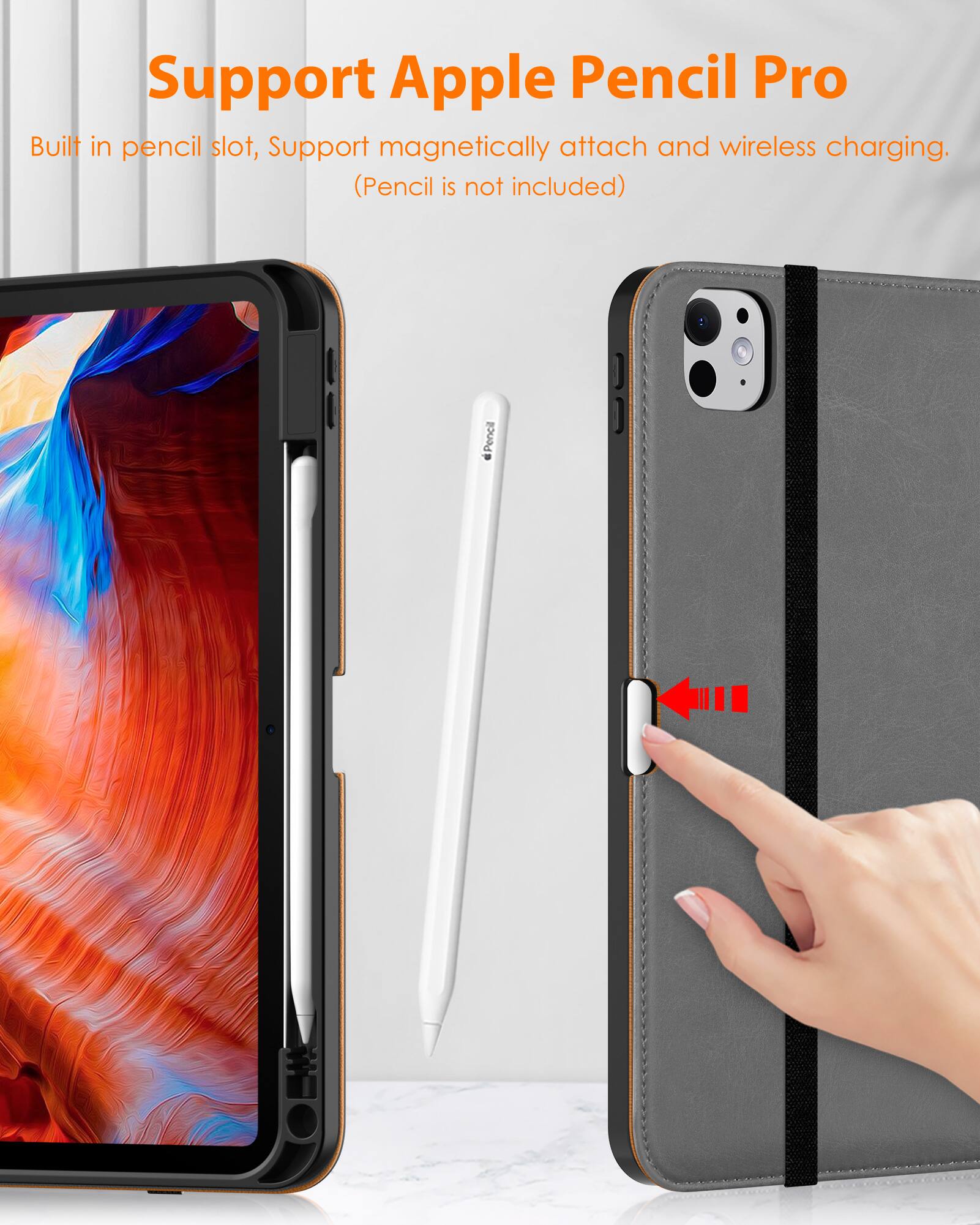 Support Apple Pencil Pro

Built in pencil slot, Support magnetically attach and wireless charging. (Pencil is not included)