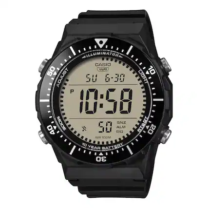 VILLUMINATOR CASIO WR 10 50 LIGHT ADJUST 5U 6-30 P 10:58 MODE SNZ 40 50 SIG ALM START 20 WR 100M 10 BATTERY YEAR 30