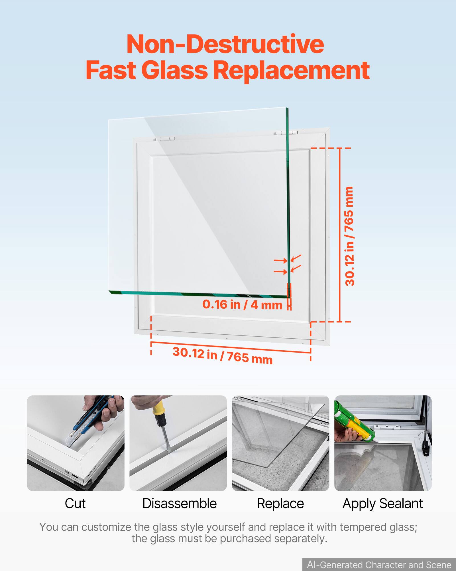Non-Destructive Fast Glass Replacement

0.16 in / 4 mm
30.12 in / 765 mm

Cut
Disassemble
Replace
Apply Sealant

You can customize the glass style yourself and replace it with tempered glass; the glass must be purchased separately.

AI-Generated Character and Scene