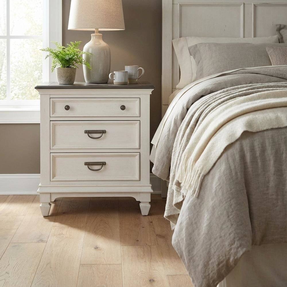 Alt View 1. Starlight Canyon Home - White Nightstand with Charging Station and Wirebrushed Finish - White.
