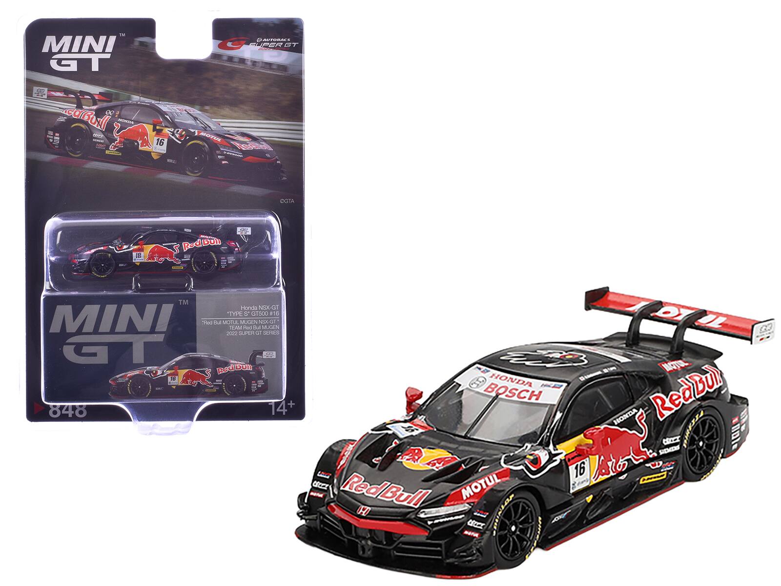 Mini GT - Honda NSX-GT TYPE S GT500 #16 Ukyo Sasahara Toshiki Oyu Team Red Bull Mugen Super GT 2022 1/64 Limited Edition - Black With Red