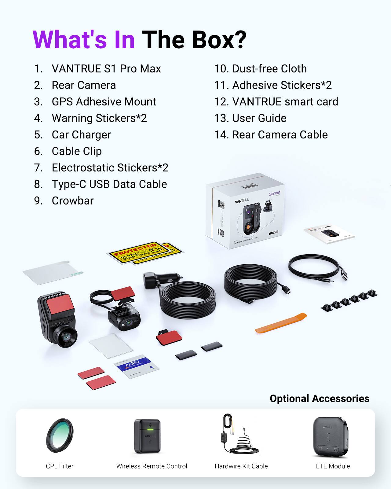 What's In The Box?

1. VANTRUE S1 Pro Max
2. Rear Camera
3. GPS Adhesive Mount
4. Warning Stickers*2
5. Car Charger
6. Cable Clip
7. Electrostatic Stickers*2
8. Type-C USB Data Cable
9. Crowbar
10. Dust-free Cloth
11. Adhesive Stickers*2
12. VANTRUE smart card
13. User Guide
14. Rear Camera Cable

Optional Accessories
- CPL Filter
- Wireless Remote Control
- Hardwire Kit Cable
- LTE Module