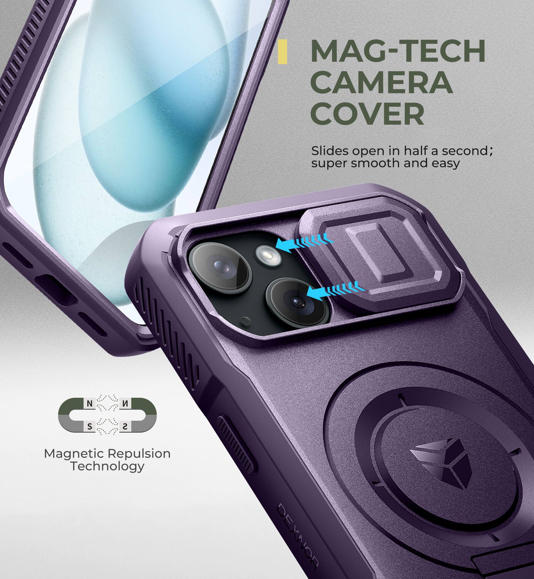 MAG-TECH CAMERA COVER Slides open in half a second; super smooth and easy

Magnetic Repulsion Technology

DEXNOR