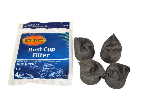 A MUST FOR ALLERGY SUFFERERS  
EnviroCare TECHNOLOGIES  
Dust Cup Filter  
Dirt Devil* F4  
4 Filters  
F248-4  
Designed for Dirt Devil* F4  
Includes:  
- Dust Cup Filter  
- Quick Ptg_r Scorpion Condives hand