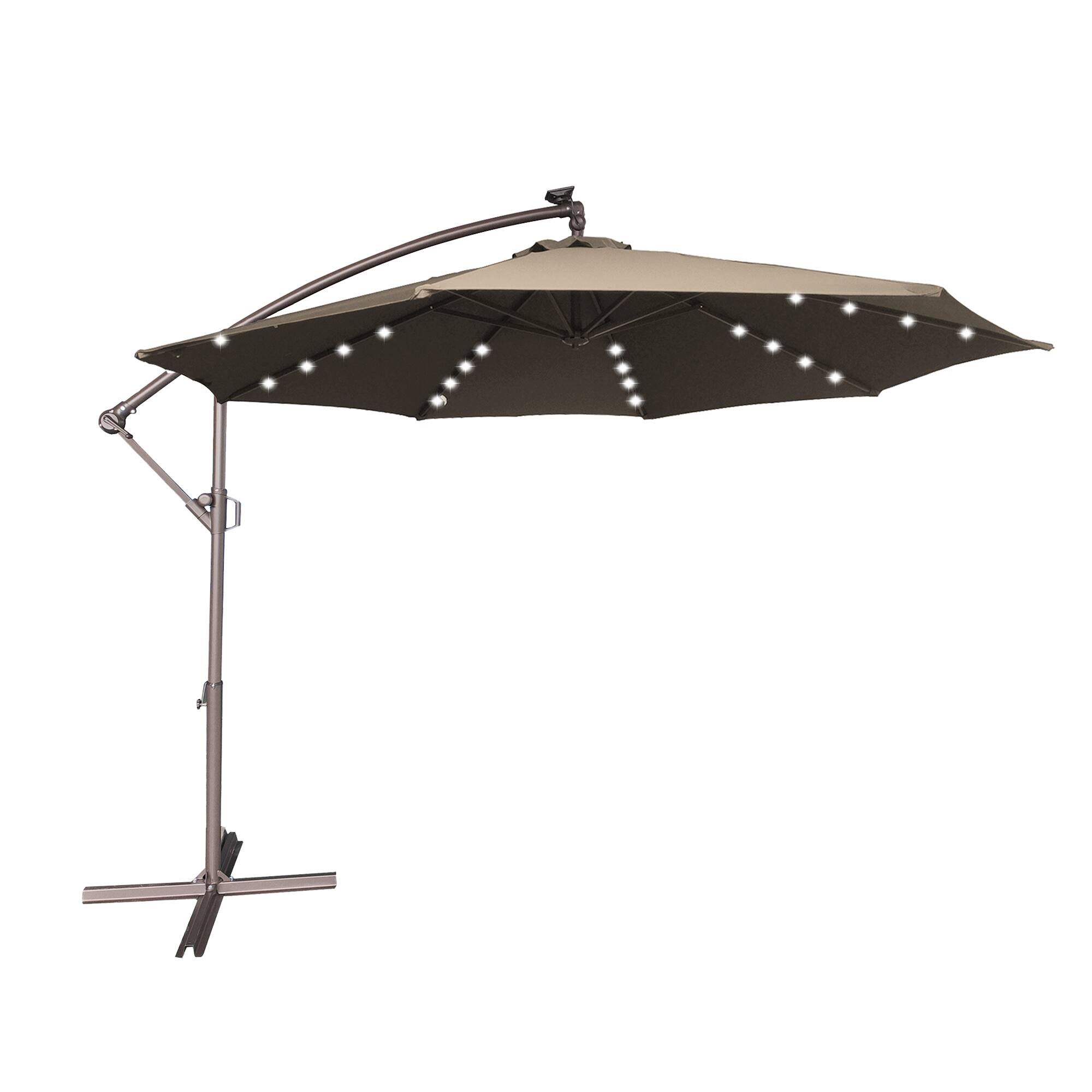 Left. Mondawe - 11ft Offset Patio Umbrella 360°Rotate,Easy Tilt,Solar Lights - Tan.